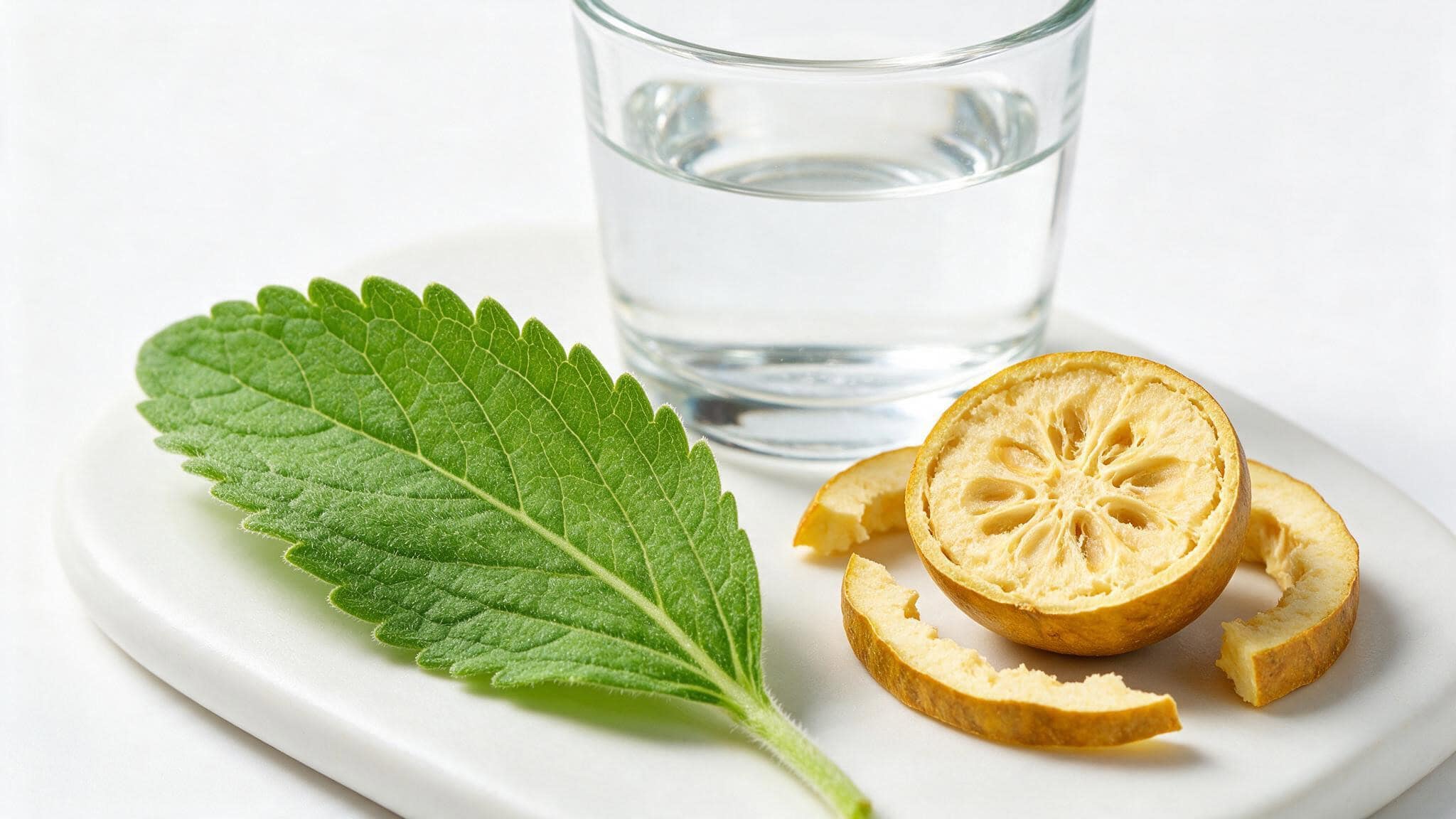 Close-up of a stevia leaf and dried monk fruit slices on a white surface with water glass.