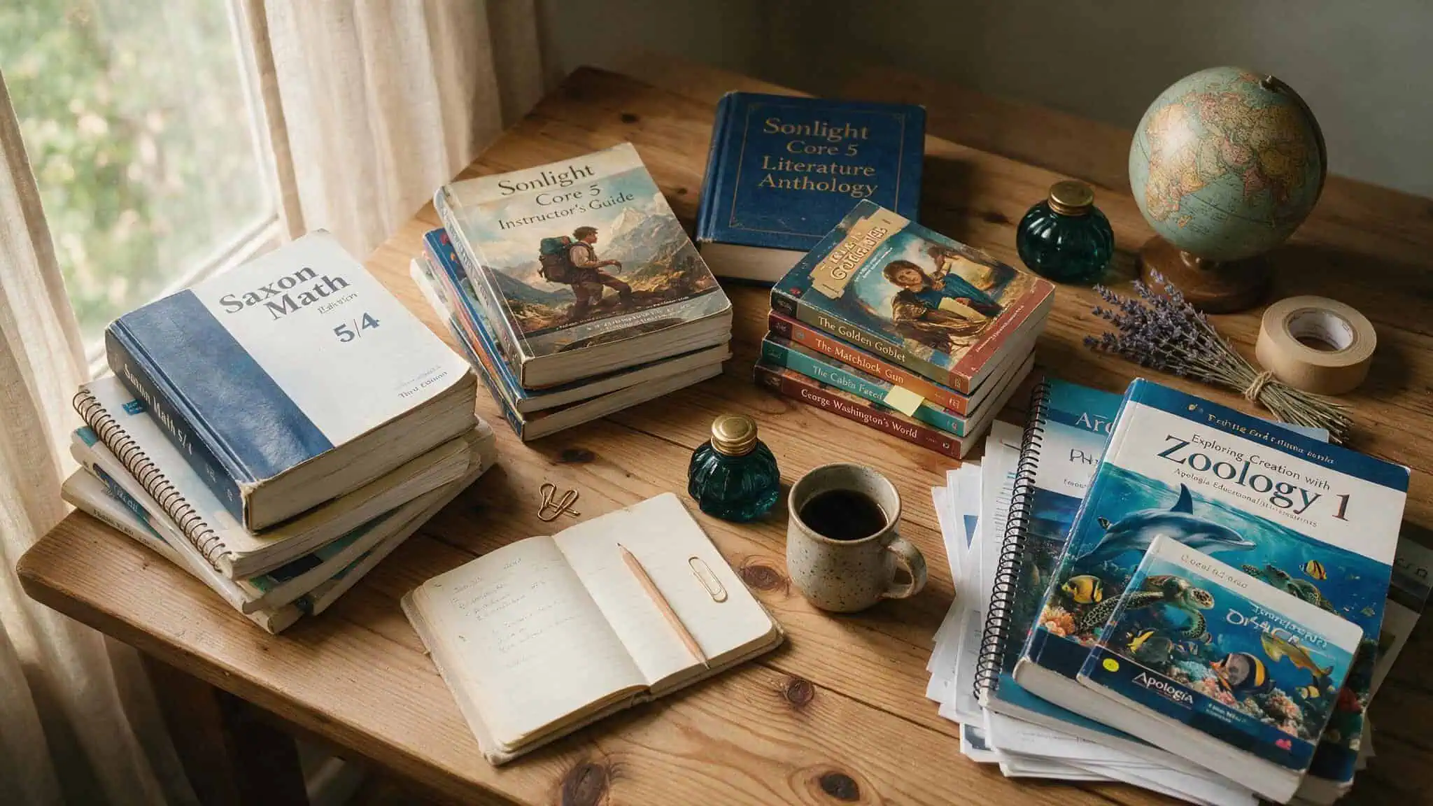 Used Saxon, Sonlight, and Apologia curriculum books laid out by brand for inspection.