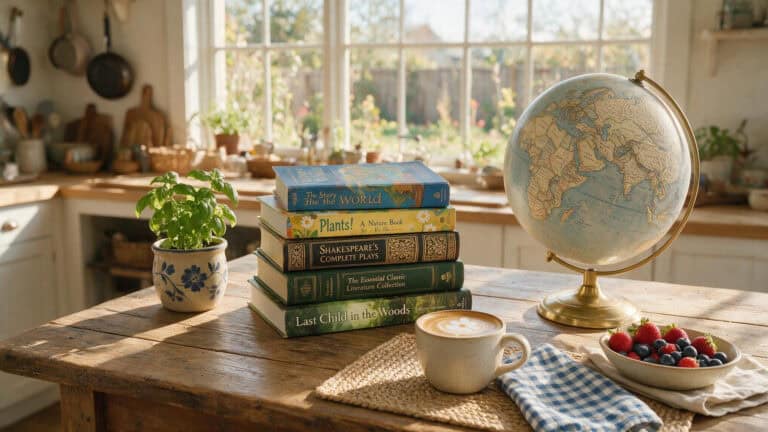 Homeschool books and globe on a kitchen table representing Vegsource eclectic learning.