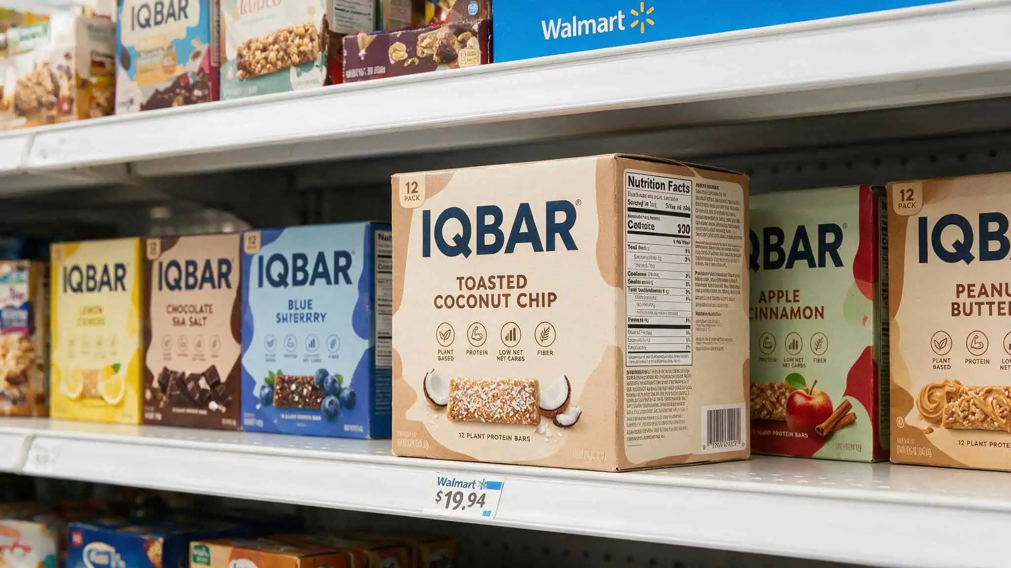 Walmart shelf with Toasted Coconut Chip IQBAR 12-pack box showing ingredient panel