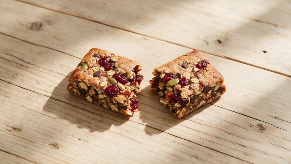 Broken protein bar on a wooden table highlighting ingredient quality and texture.