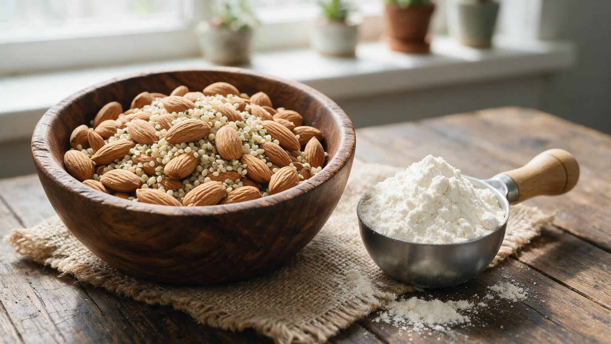 Are IQ Bars Bobby Approved? A Point-by-Point Evaluation 5 Bowl of raw almonds and hemp seeds next to plant protein isolate powder, comparing whole food to processed protein.