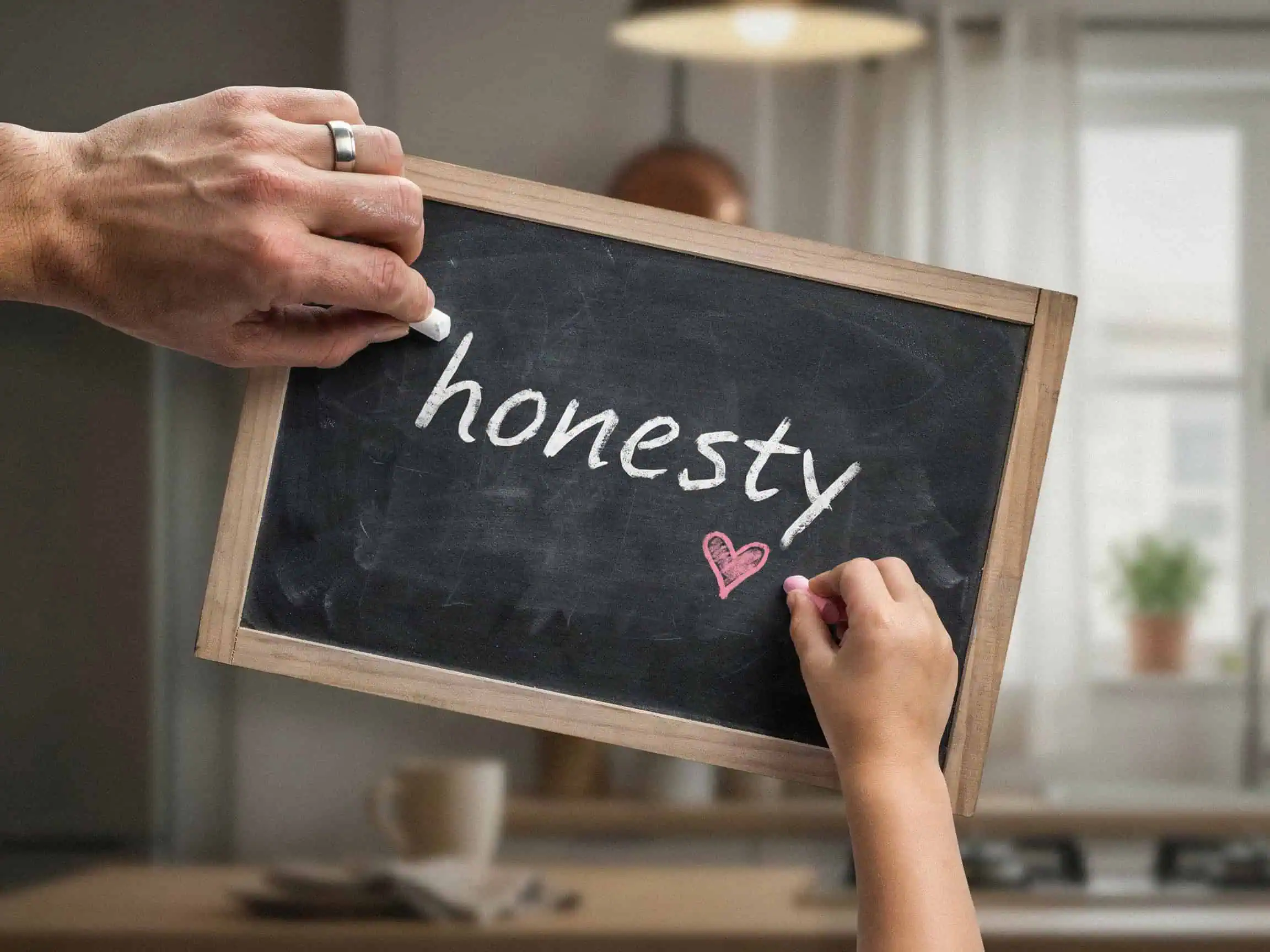 10 Family Values That Actually Stick: A Curated List With Age-Specific Tips 8 Parent and child writing honesty on a chalkboard, showing how family values are taught together.