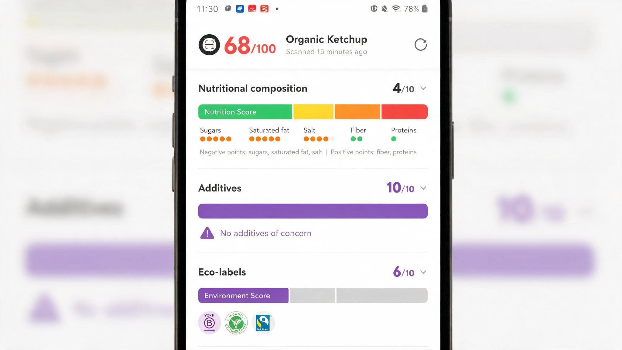 IQ Bar Yuka Score: Why It Scores 51/100 and 75/100 by Flavor 3 Yuka app interface displaying three scoring categories: nutritional composition, additives, and eco-labels.