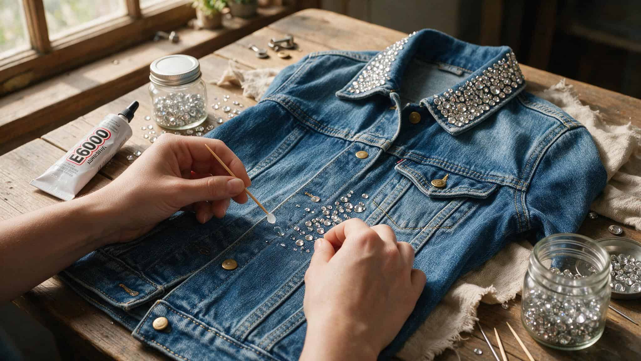Bedazzling Ideas Rhinestones: 5 Projects with Brand, Size & Glue Picks 2 Applying rhinestones to a denim jacket with glue and toothpick for precision placement