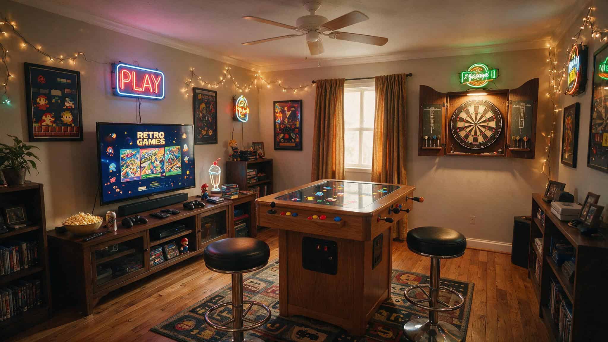Man Cave Arcade: Real Prices, Warranty Gaps & Custom Builds 3 Home arcade room with cocktail table machine, media center, bar stools, and dartboard as furniture pieces