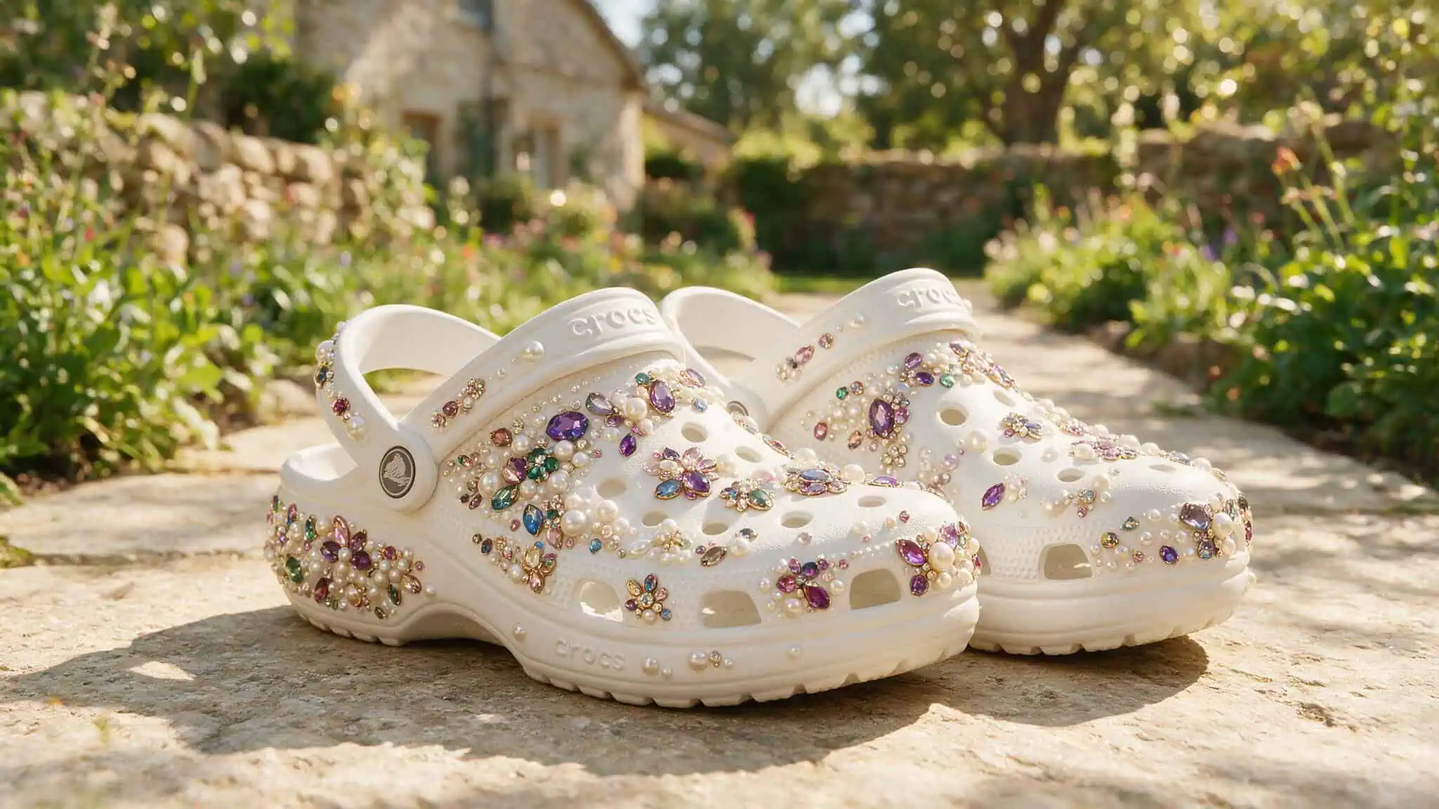 20 Bedazzling Ideas for Beginners and Pros: From Harry Styles Sunglasses to Crystal Staplers 2 Pair of white Crocs decorated with multicolored rhinestones and floral embellishments, placed outdoors on a stone pathway with a garden background.