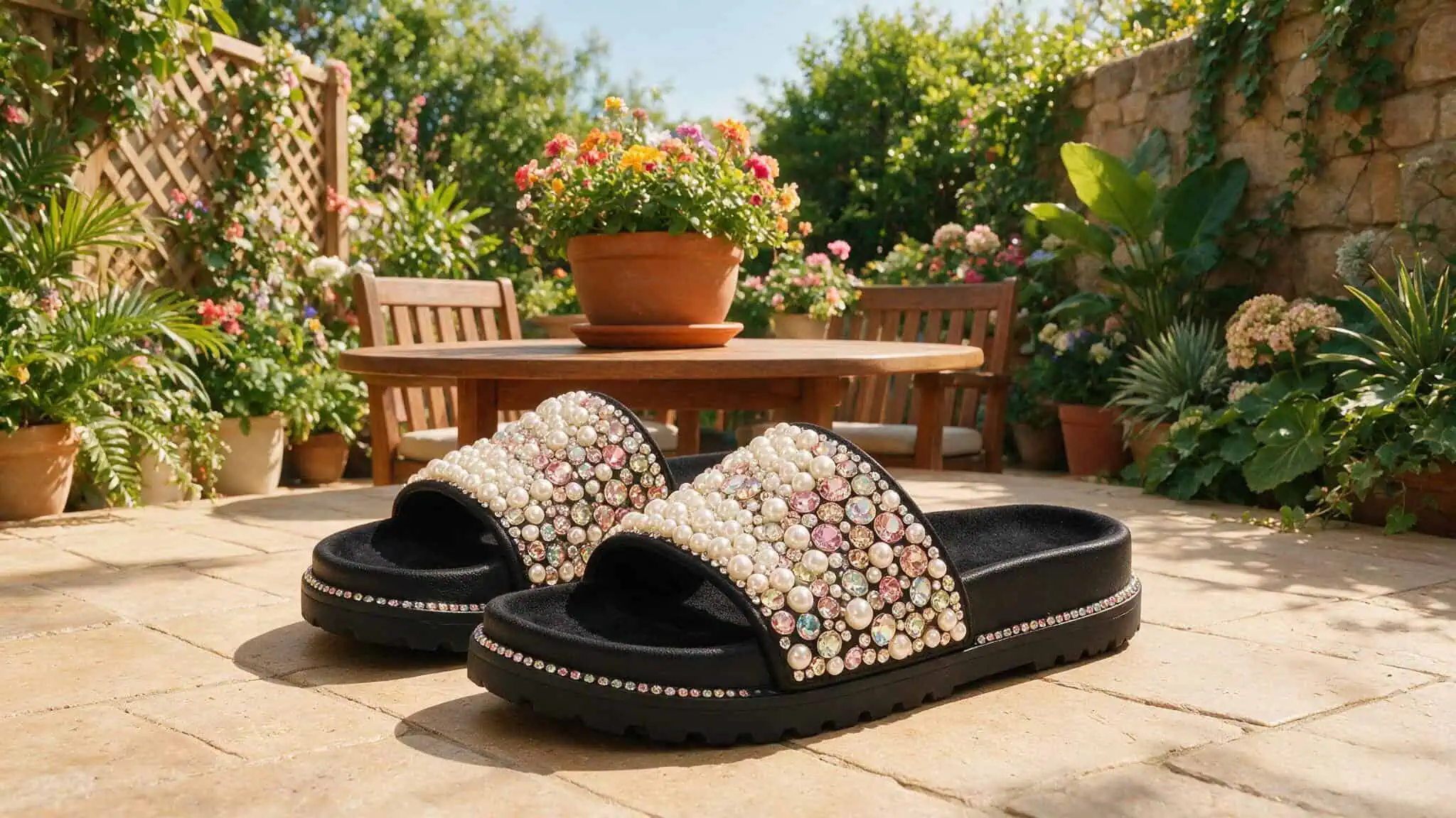 Bedazzled rubber sliders with pearls and rhinestones using E6000+ glue