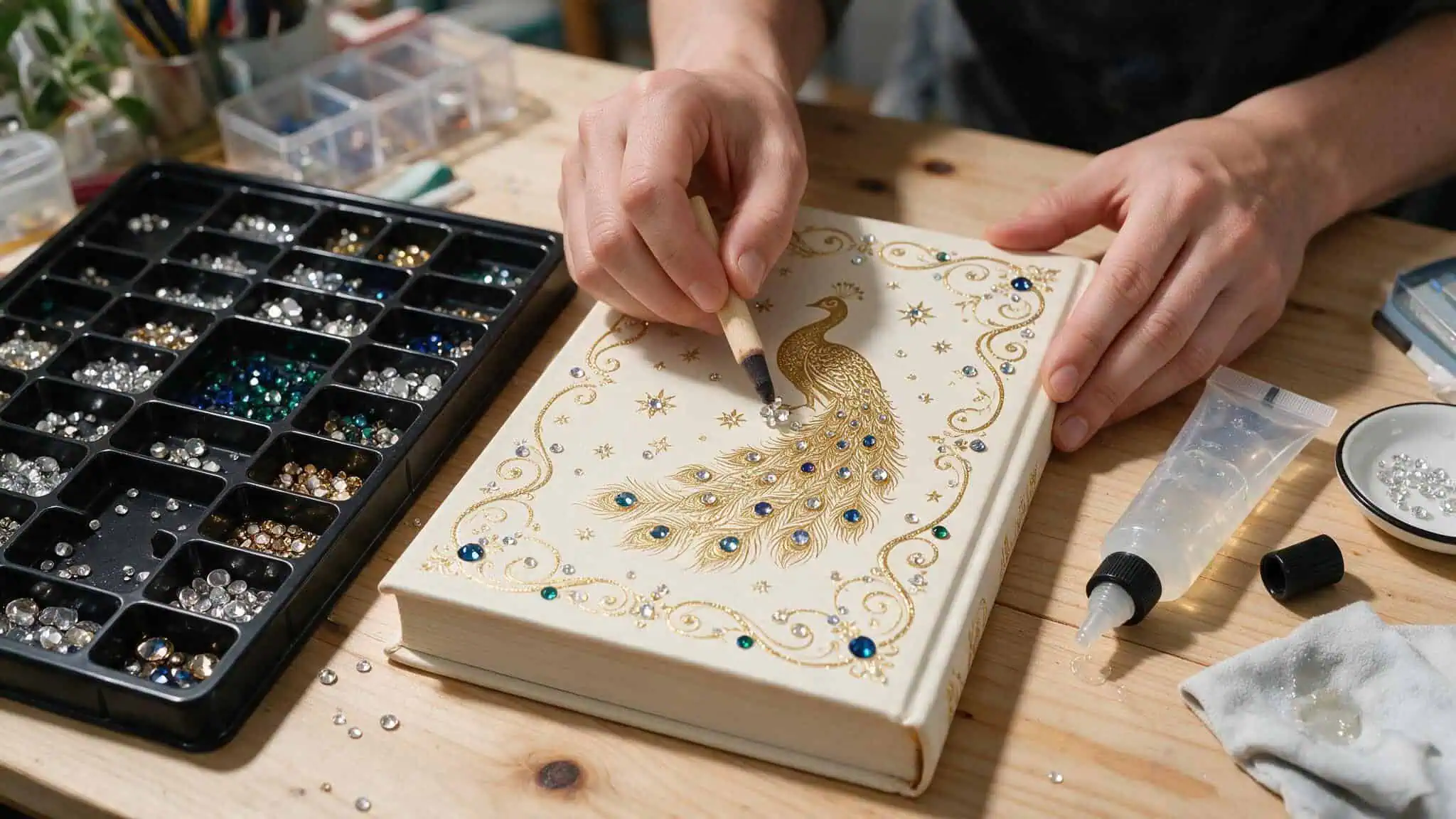 Bedazzling Ideas Reddit: 15 Creative Projects and Hacks from the Community 3 Person decorating a peacock-themed jewelry box with rhinestones and paint, surrounded by craft supplies on a wooden table.