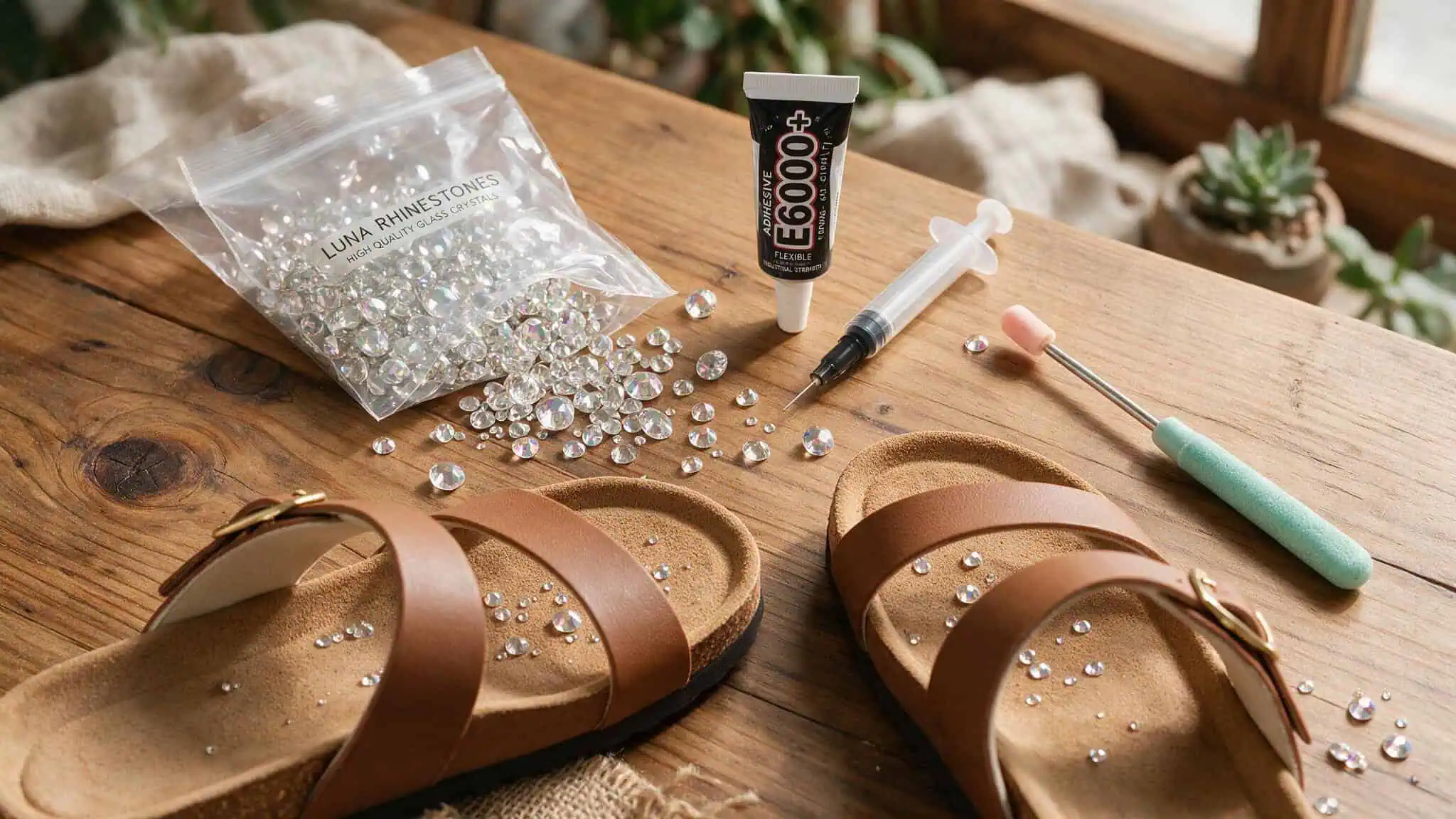 20 Bedazzling Ideas to Sell: Products That Actually Make Money 2 Essential bedazzling startup tools including Luna rhinestones, E6000+ glue, and applicator tools for beginners.