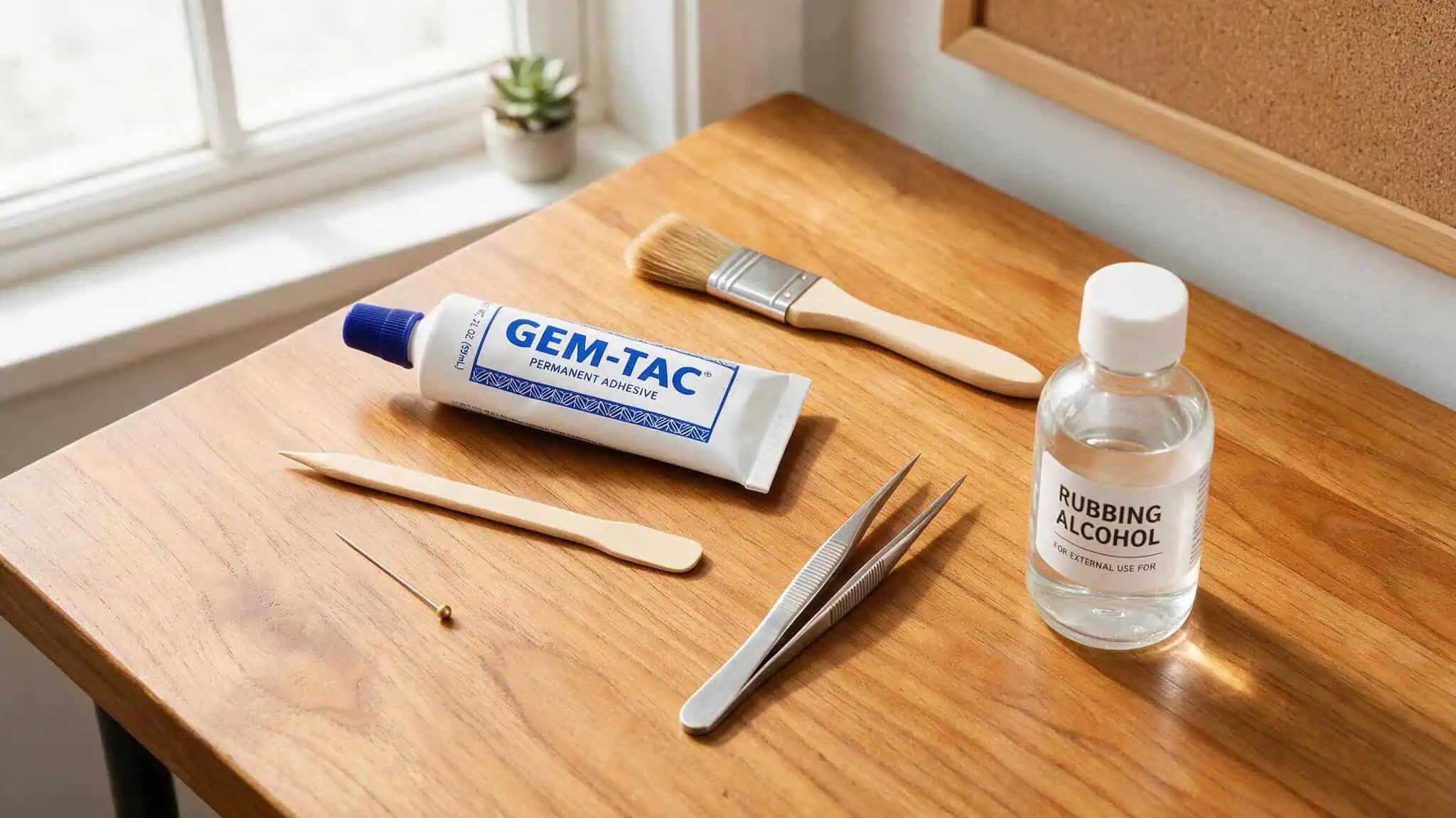 How to Bedazzle a Phone Case: Why GemTac Beats E6000 and 9SS Stones Last Longer 2 Flat lay of essential tools for bedazzling including GemTac glue, applicator stick, and tweezers.
