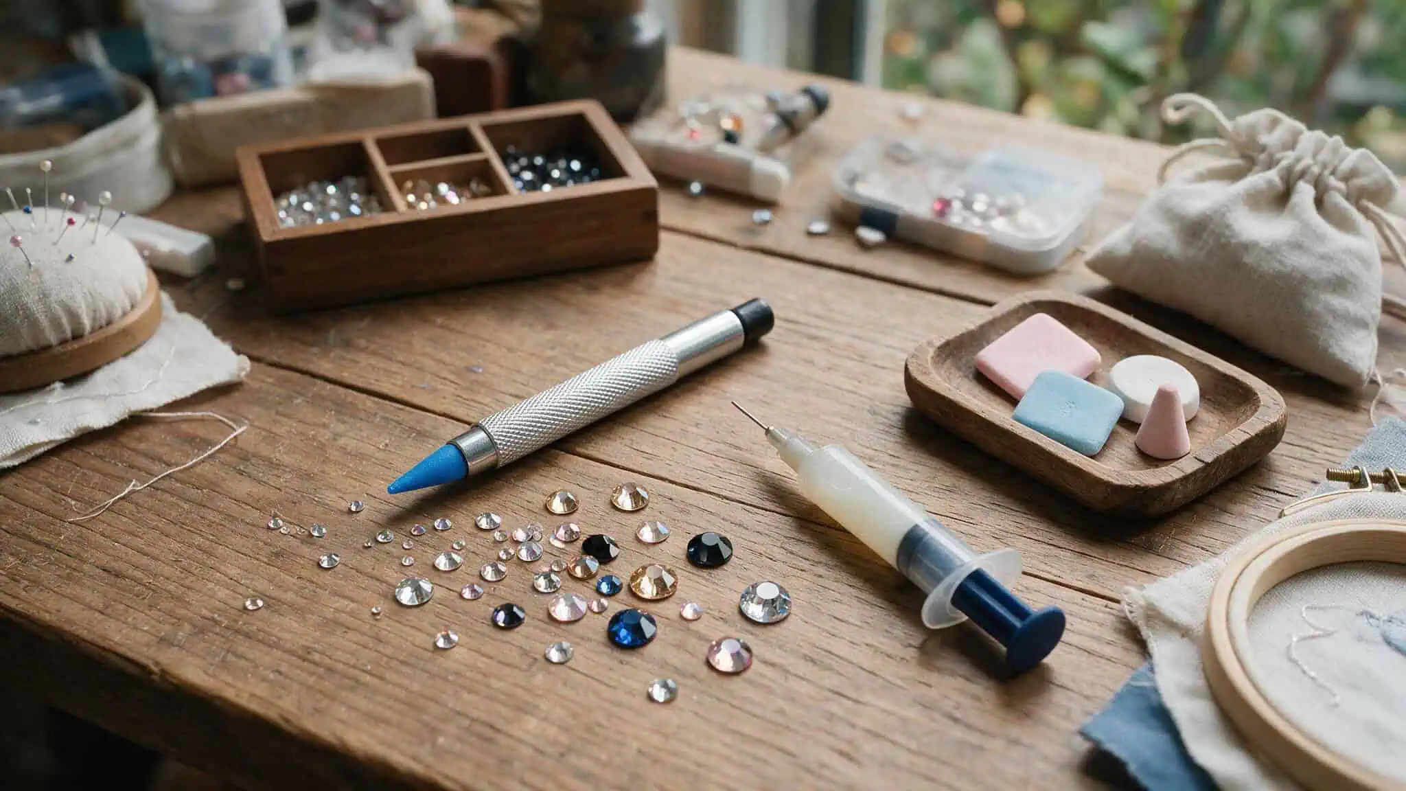 20 Bedazzling Ideas for Beginners and Pros: From Harry Styles Sunglasses to Crystal Staplers 3 Jewelry making supplies including rhinestones, beads, and tools on a wooden table for crafting and design.
