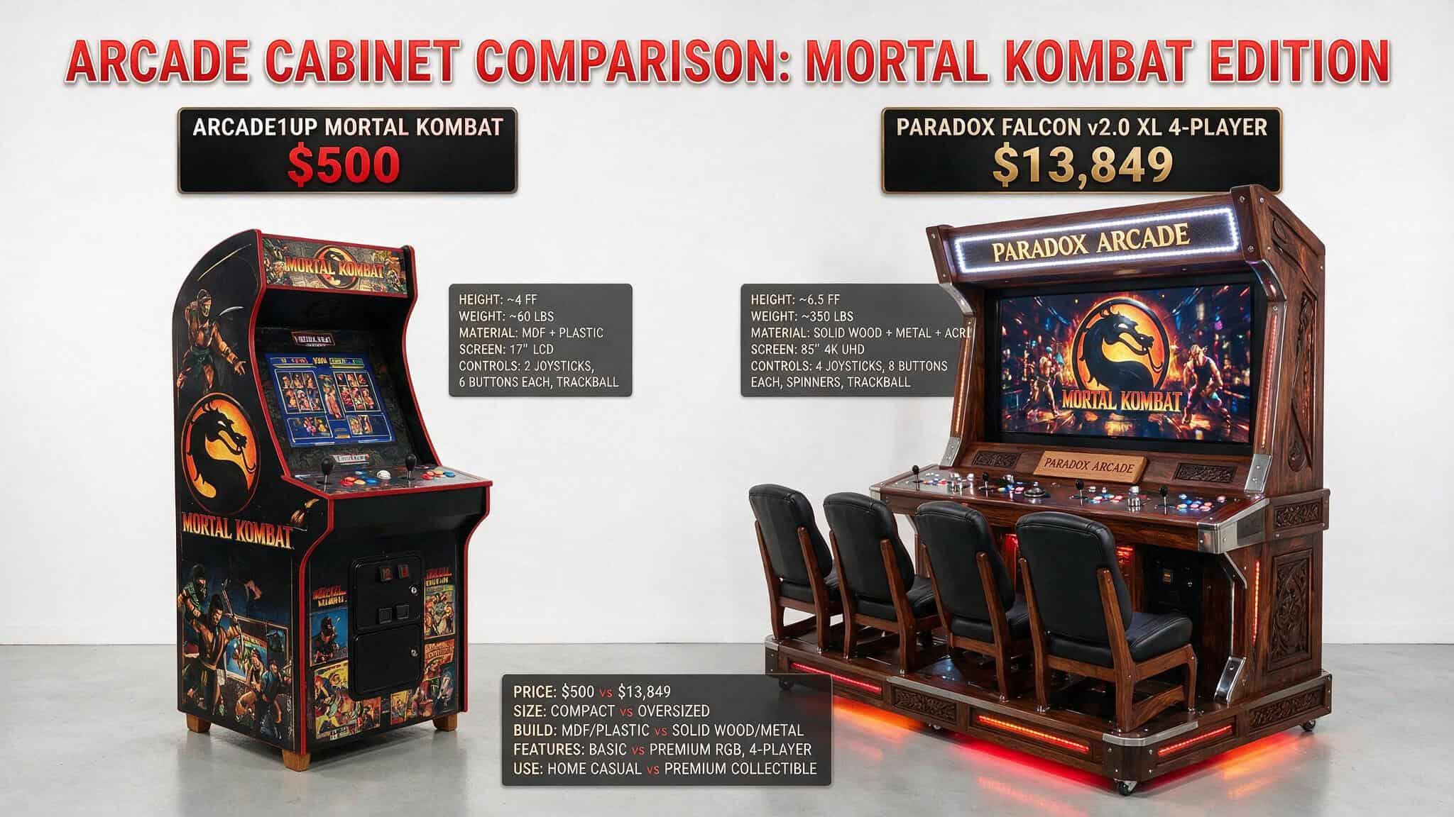 Man Cave Arcade: Real Prices, Warranty Gaps & Custom Builds 2 Comparison of budget Arcade1Up cabinet and premium Paradox Falcon arcade machine showing size and build differences
