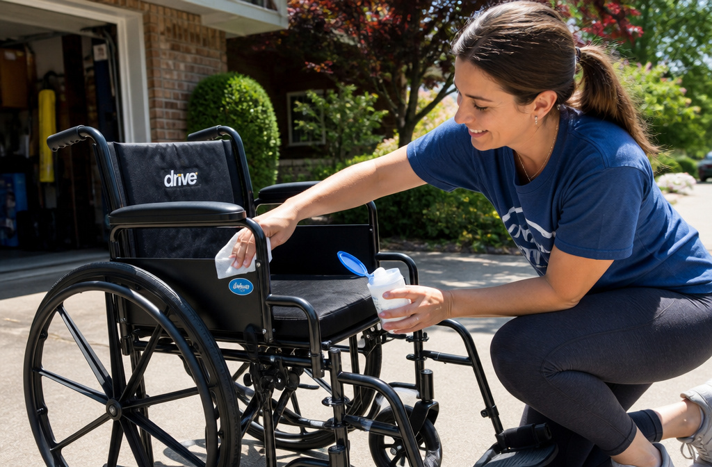 Where to Donate Medical Equipment Near Me: A Complete Guide 4 Person cleaning a wheelchair before donation to a medical loan closet or organization.