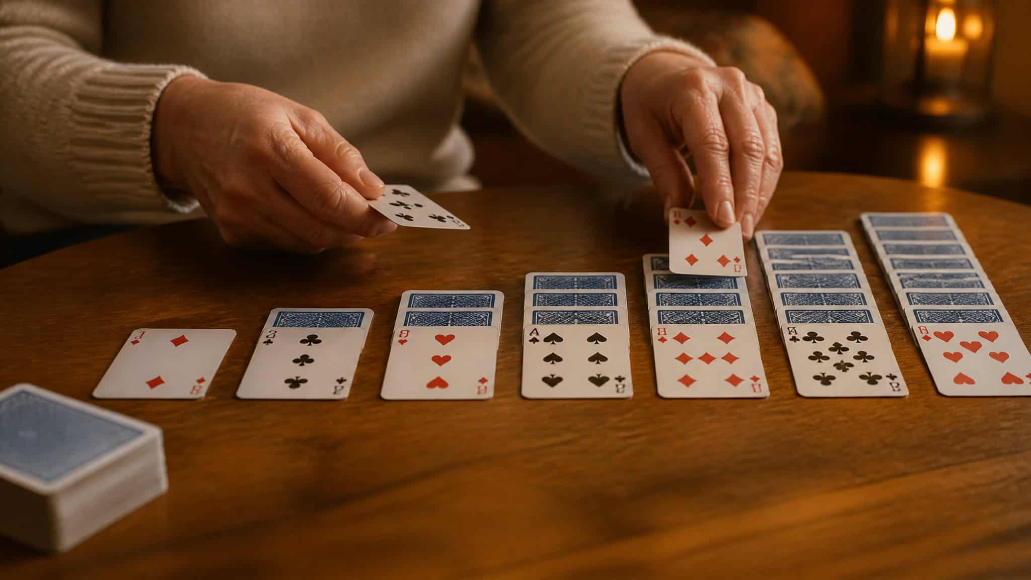 Solitaire Rules for Beginners: Step-by-Step Klondike Setup and Winning Strategies 2 Hands dealing solitaire cards into seven tableau piles on a wooden table