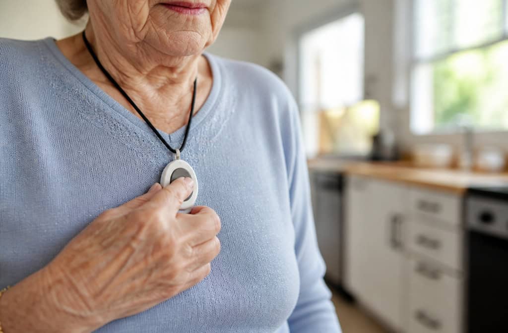 Close-up of an elderly woman wearing a medical alert necklace in a bright kitchen setting.