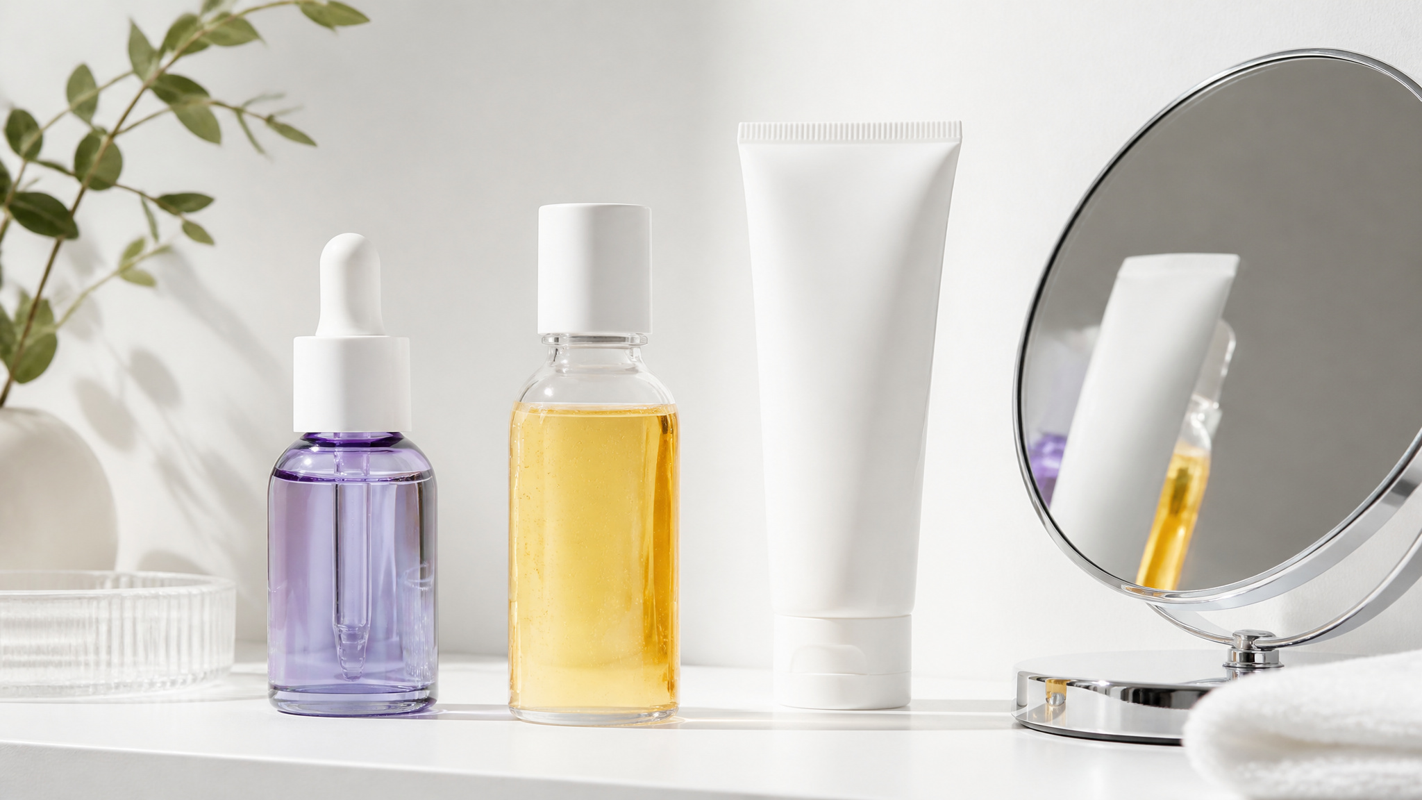 Modern drugstore anti-aging skincare products like retinol and sunscreen arranged on shelf