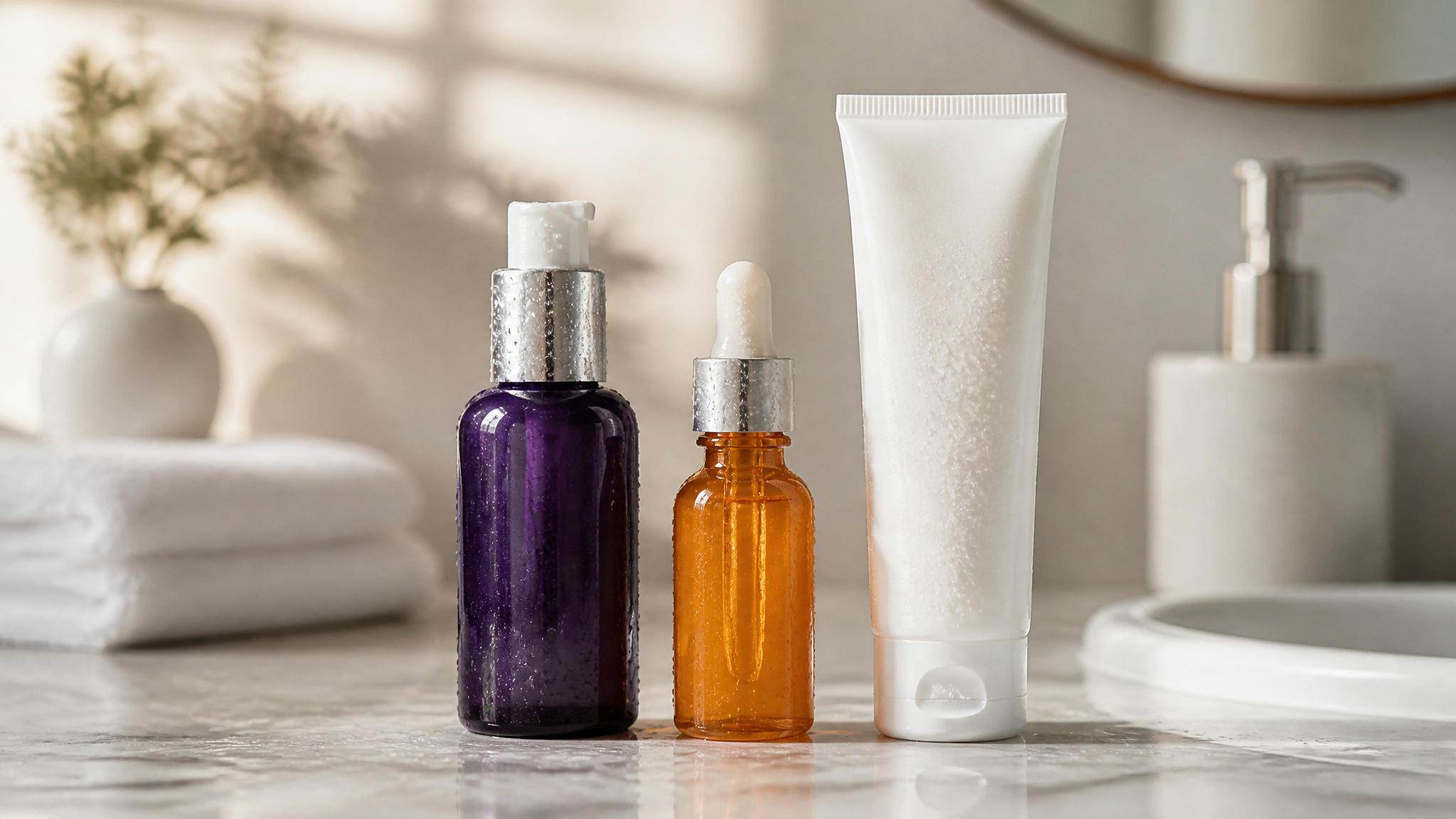 Modern drugstore skincare products like retinol serum and sunscreen on bathroom counter