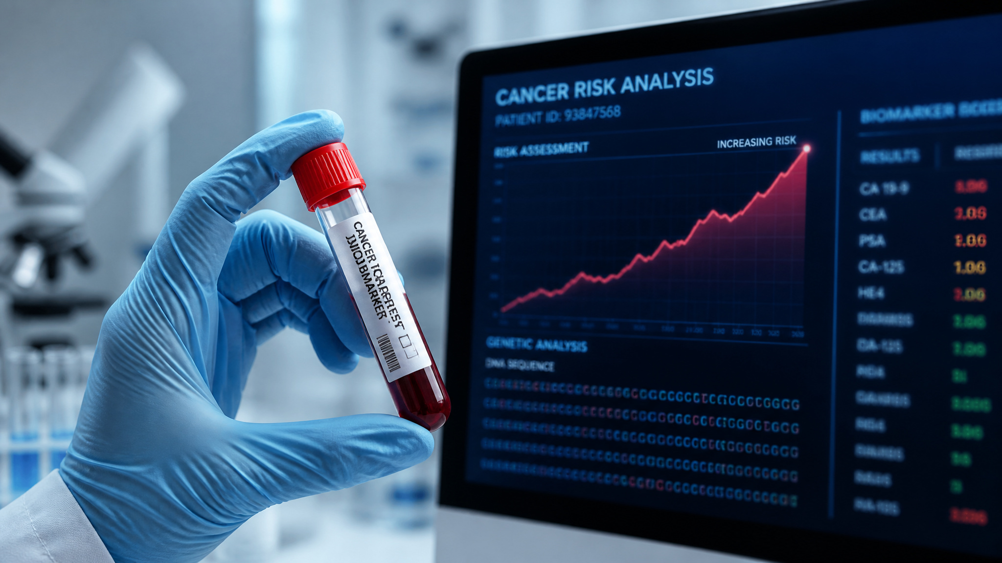 Why Do Kids Look Younger Now? The Surprising Science of Perceived vs. Biological Age 4 Doctor holding blood sample tube with cancer risk graph and DNA sequence on monitor in background