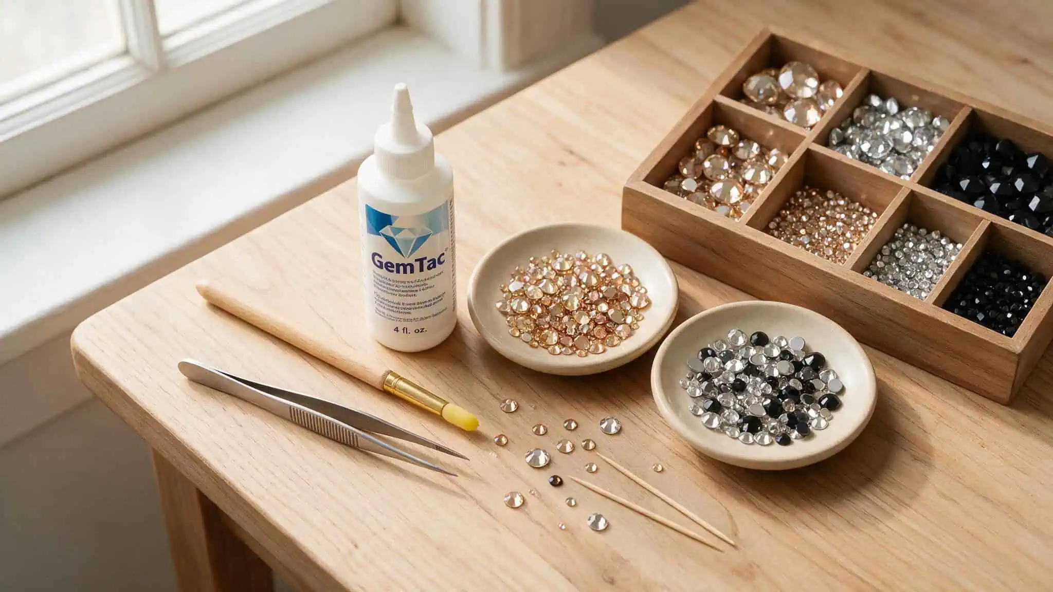 Essential bedazzling supplies including GemTac glue, picker, tweezers, and crystals