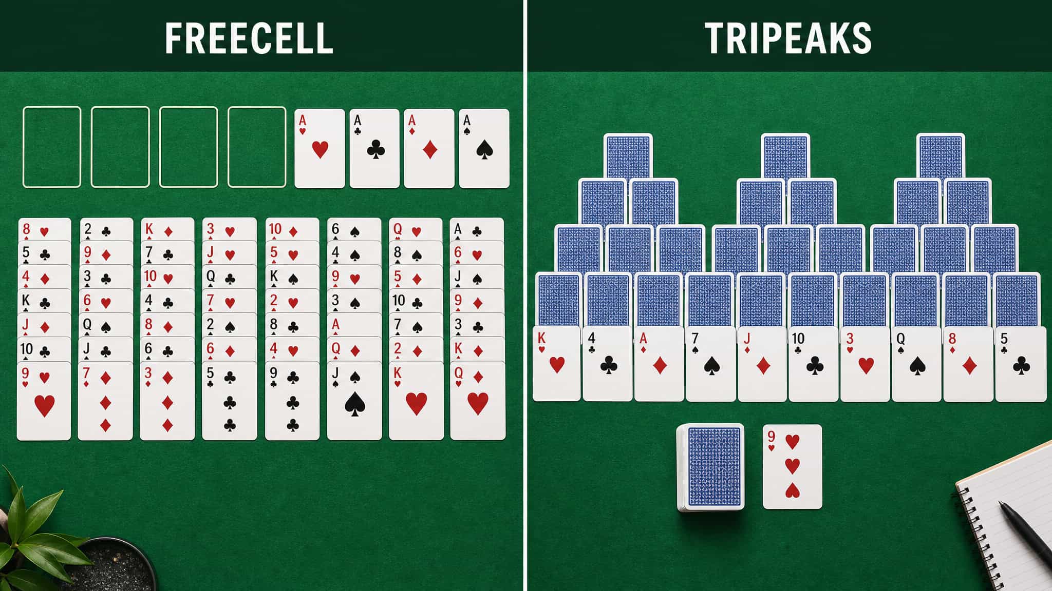 Is Solitaire a Game of Skill or Luck? The 70/30 Split 3 Side-by-side comparison of FreeCell and TriPeaks solitaire layouts, illustrating different luck and skill levels.