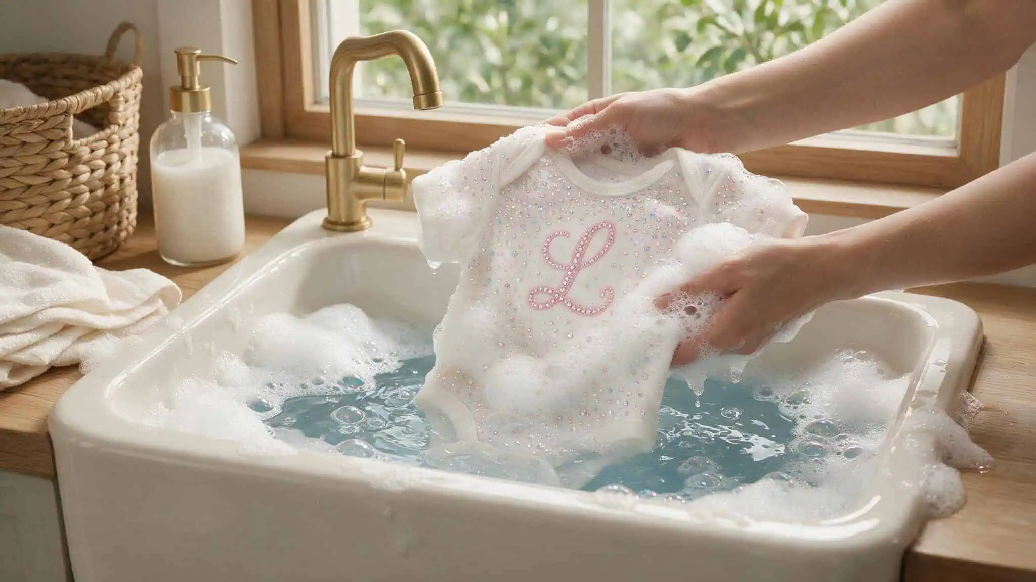 Bedazzling Ideas Rhinestones: 5 Projects with Brand, Size & Glue Picks 3 Hand washing a bedazzled baby onesie with a pastel initial to protect rhinestones