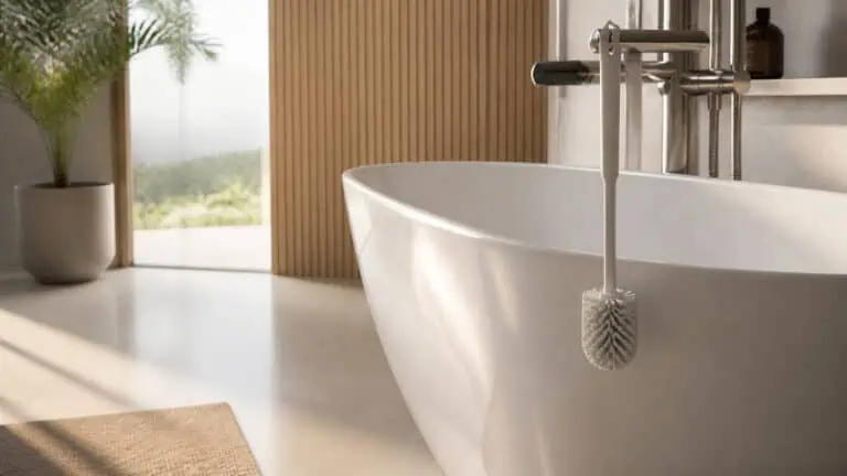 Elegant white freestanding bathtub with a modern design in a bright bathroom with natural light and minimal decor.