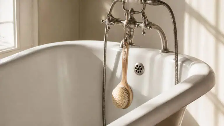 A classic vintage bathtub with a handheld shower head and a bath brush hanging on the faucet, set in a bright, sunlit bathroom.