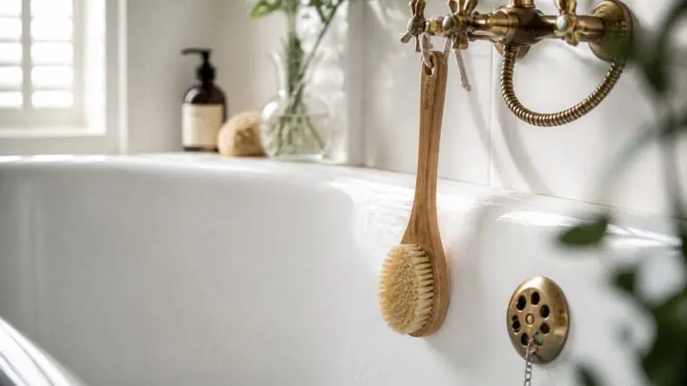Close-up of a wooden bath brush hanging on a vintage-style faucet in a modern bathroom with natural light and decorative items on the windowsill.
