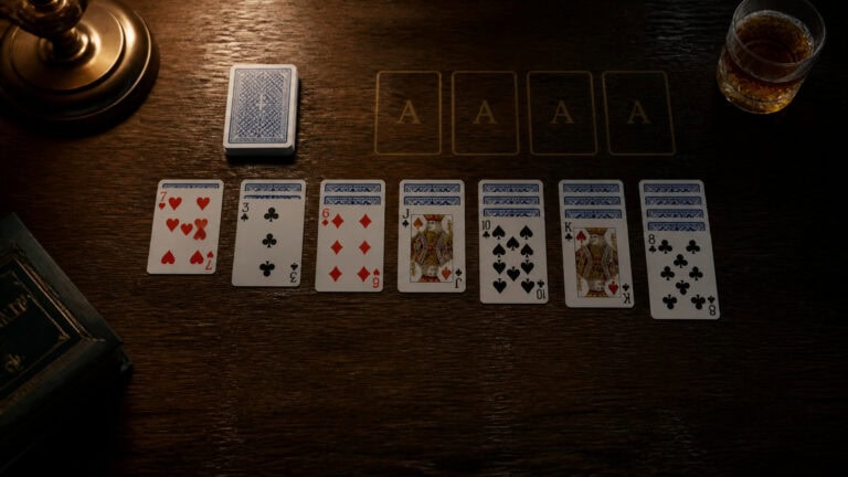 A deck of playing cards and tarot cards laid out on a wooden table, with a glass of whiskey and a lamp in the background, perfect for card game or fortune-telling themes.