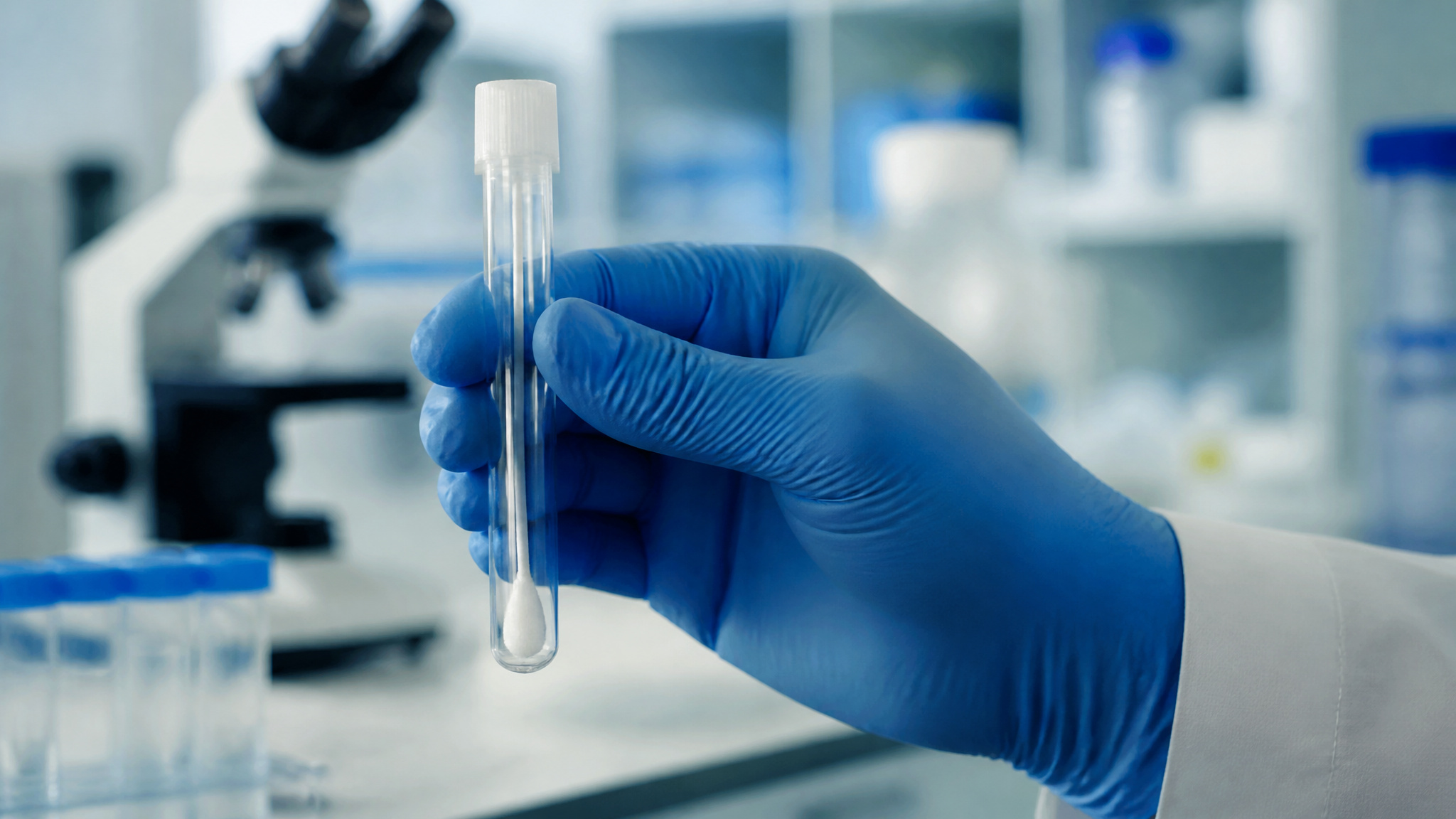 Clinician holding a swab in a lab tube for a mail-in vaginal infection test.