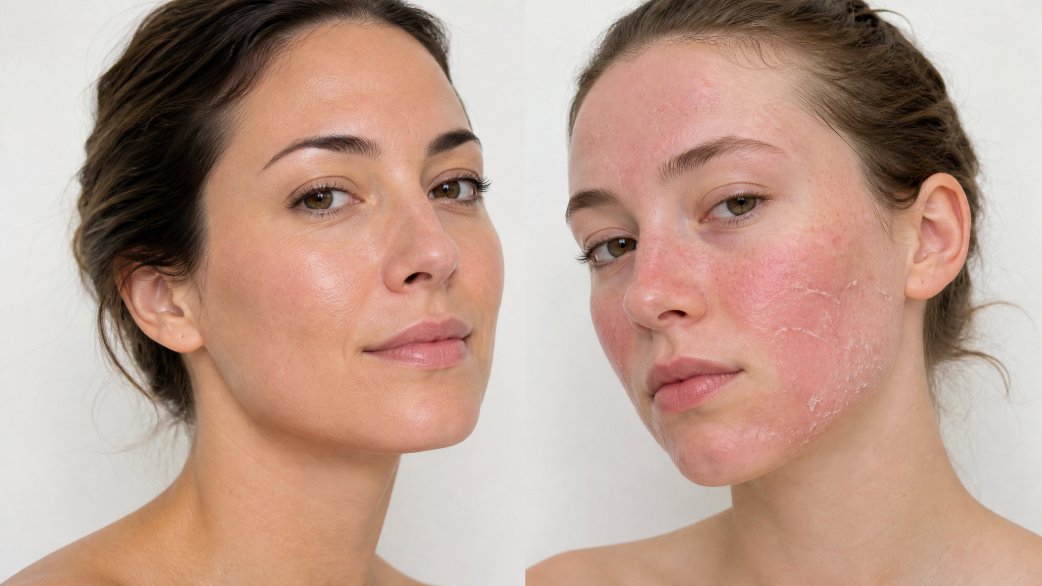 Side-by-side comparison of Millennial and Gen Z skin, highlighting the effects of over-exfoliation and retinoid misuse.