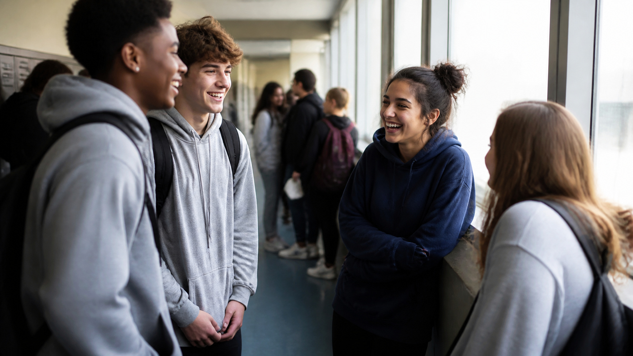 Modern teenagers in casual hoodies laughing in high school hallway, looking younger than past generations
