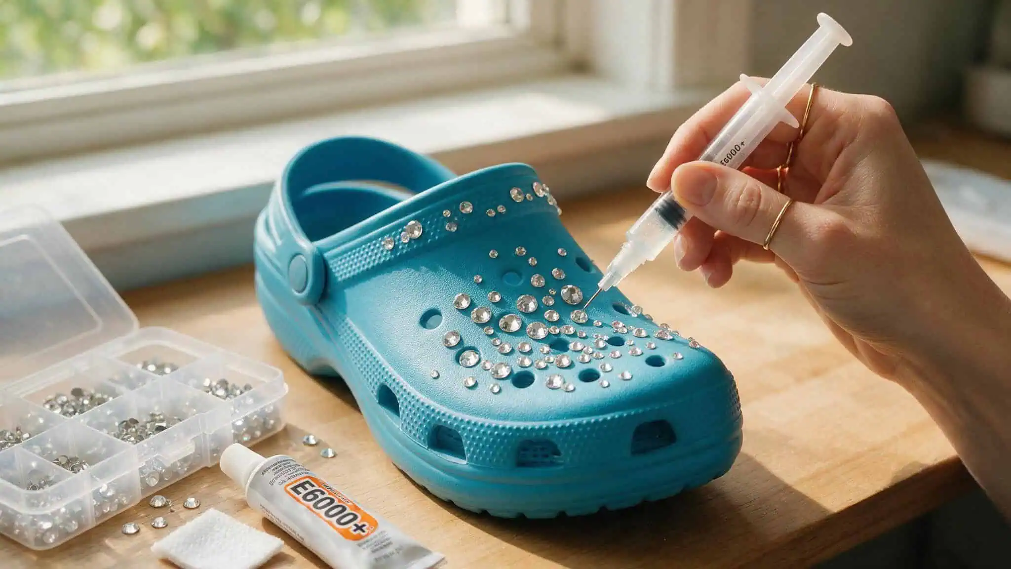 20 Bedazzling Ideas to Sell: Products That Actually Make Money 3 Applying rhinestones to a Croc with a syringe applicator and E6000+ glue using the scatter method for speed.