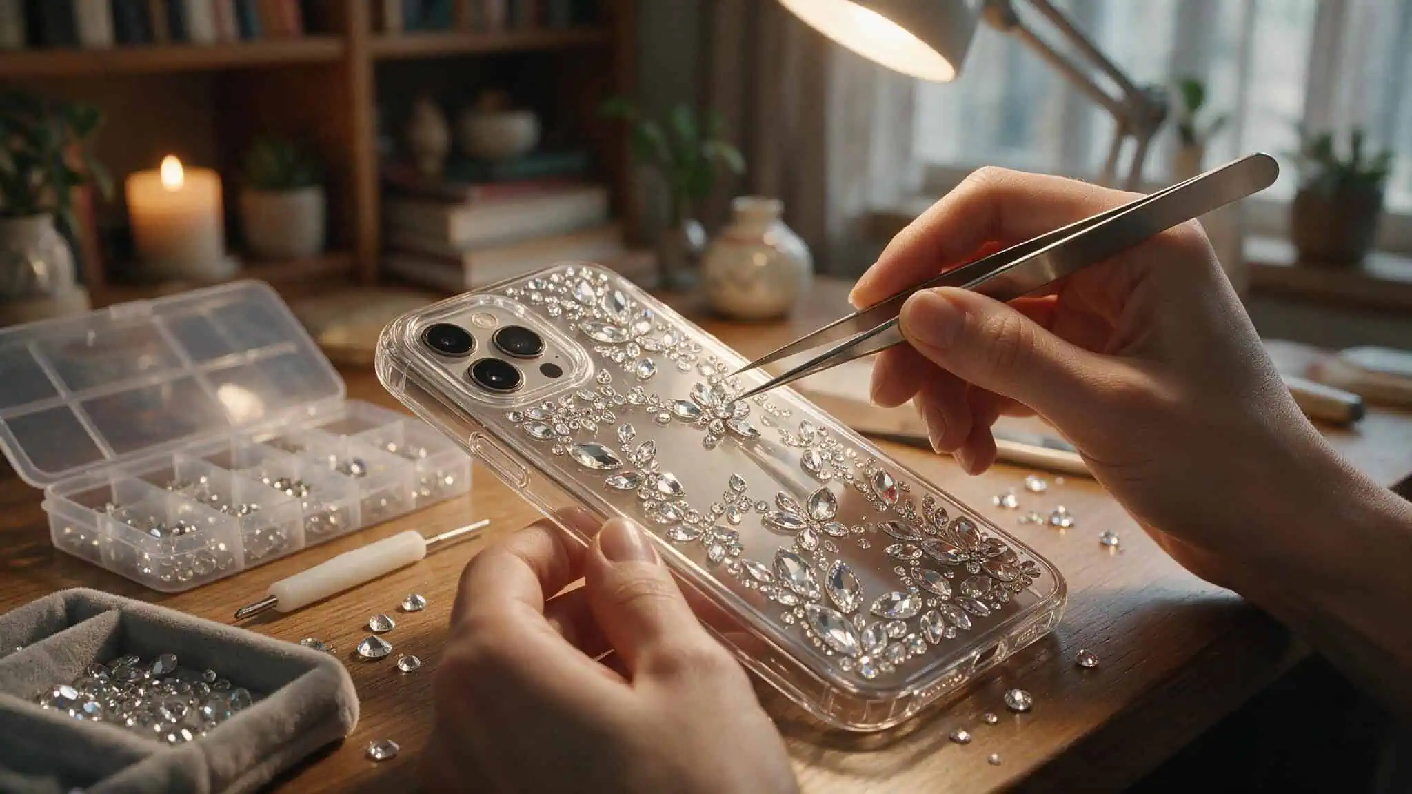 Hands placing rhinestones on a phone case for a quick DIY project