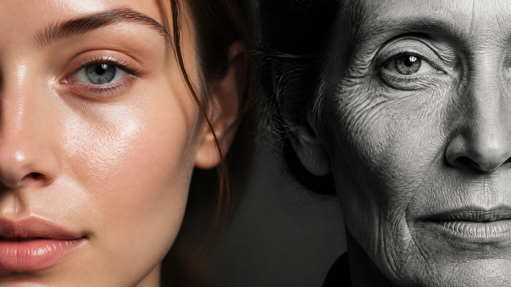 Close-up comparison of young modern skin versus aged historical portrait texture, highlighting skincare and nutrition differences
