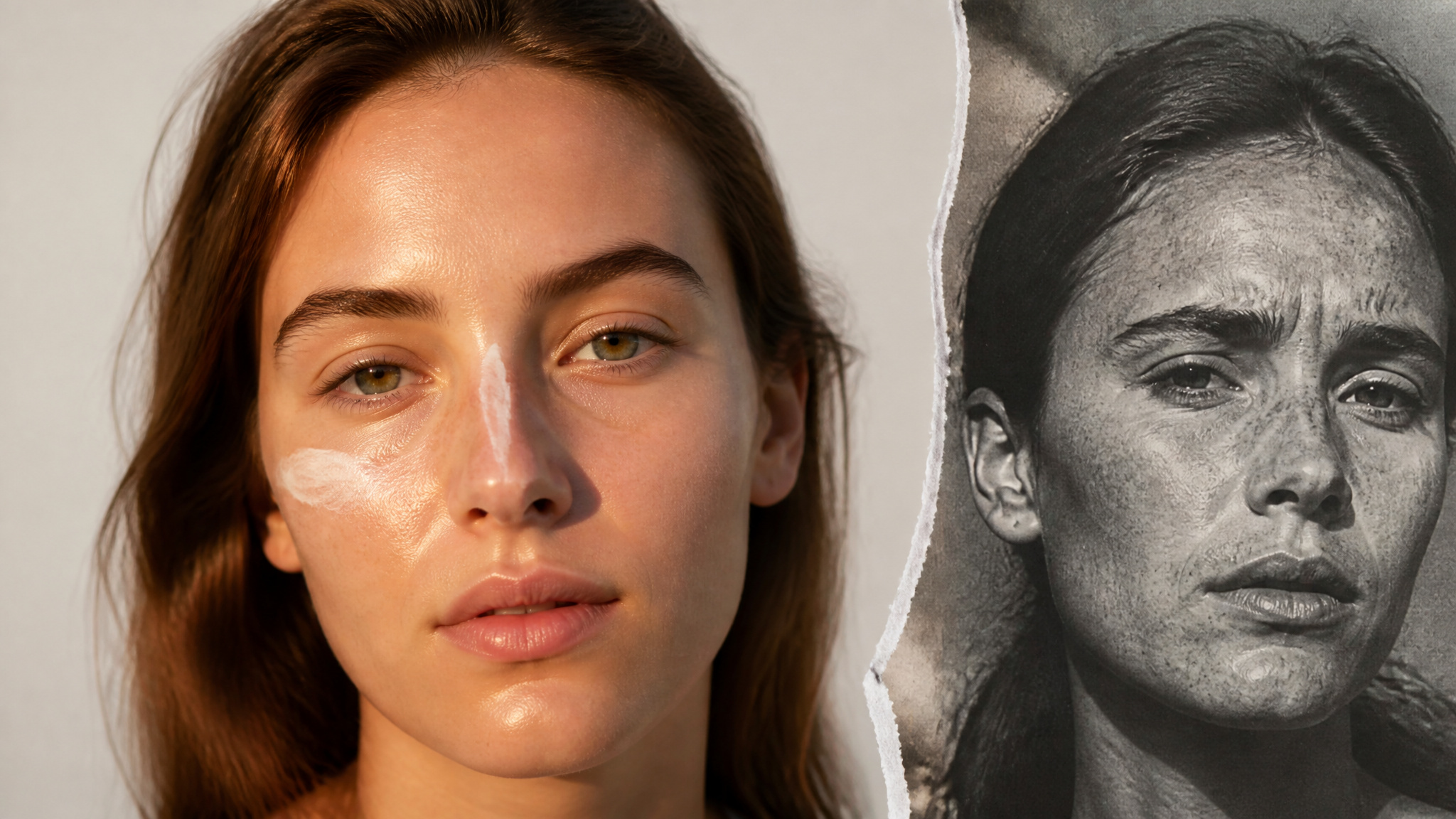 Comparison of modern clear skin with sunscreen versus aged 1980s skin showing skincare revolution