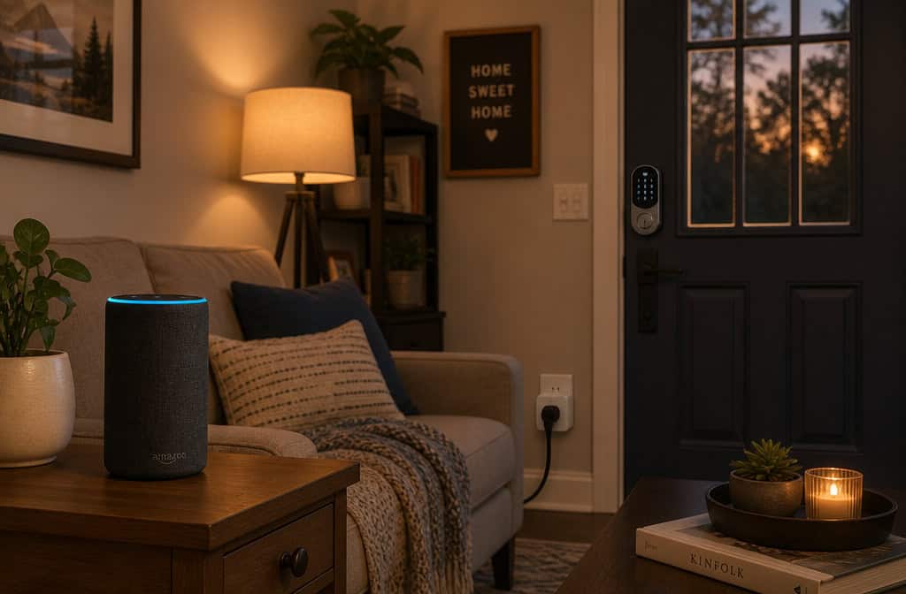Smart speaker, smart plug, and smart lock in a living room for senior safety