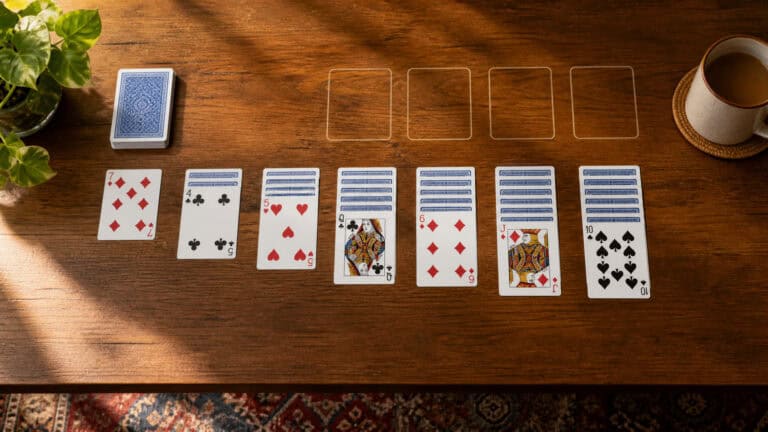 A set of playing cards arranged on a wooden table, including hearts, diamonds, clubs, and spades, with a cup of coffee and a plant nearby.