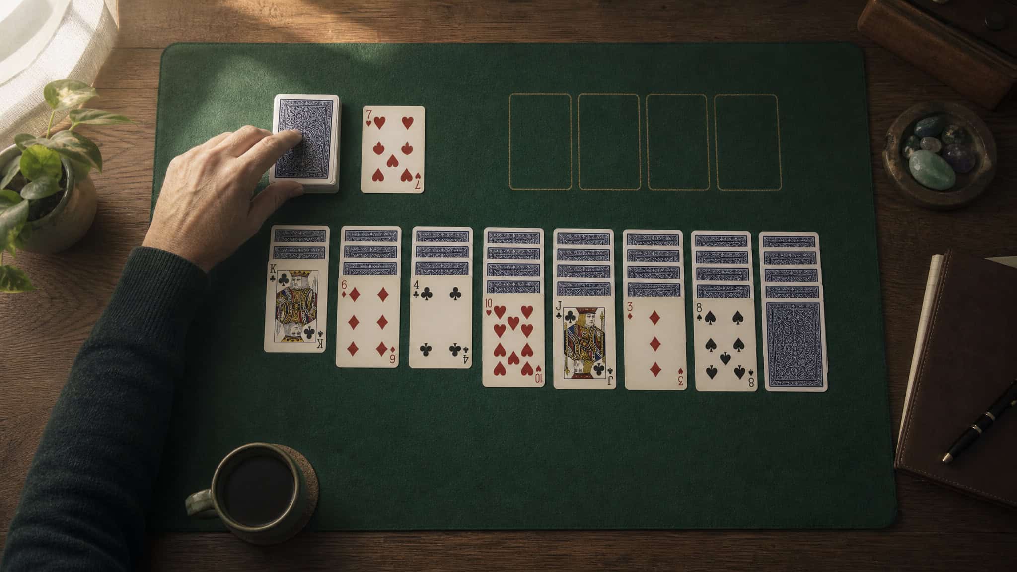 Solitaire Rules for Beginners: Step-by-Step Klondike Setup and Winning Strategies 4 Solitaire player deciding whether to draw from the waste pile or stock