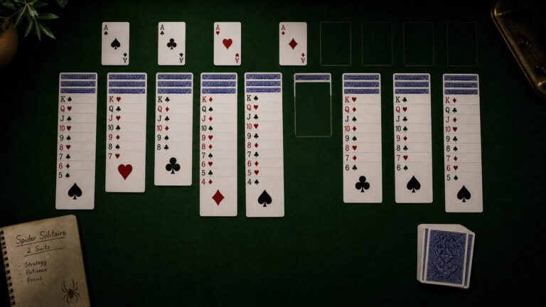 A setup of a solitaire card game with cards arranged in columns on a green felt table, ready for gameplay.