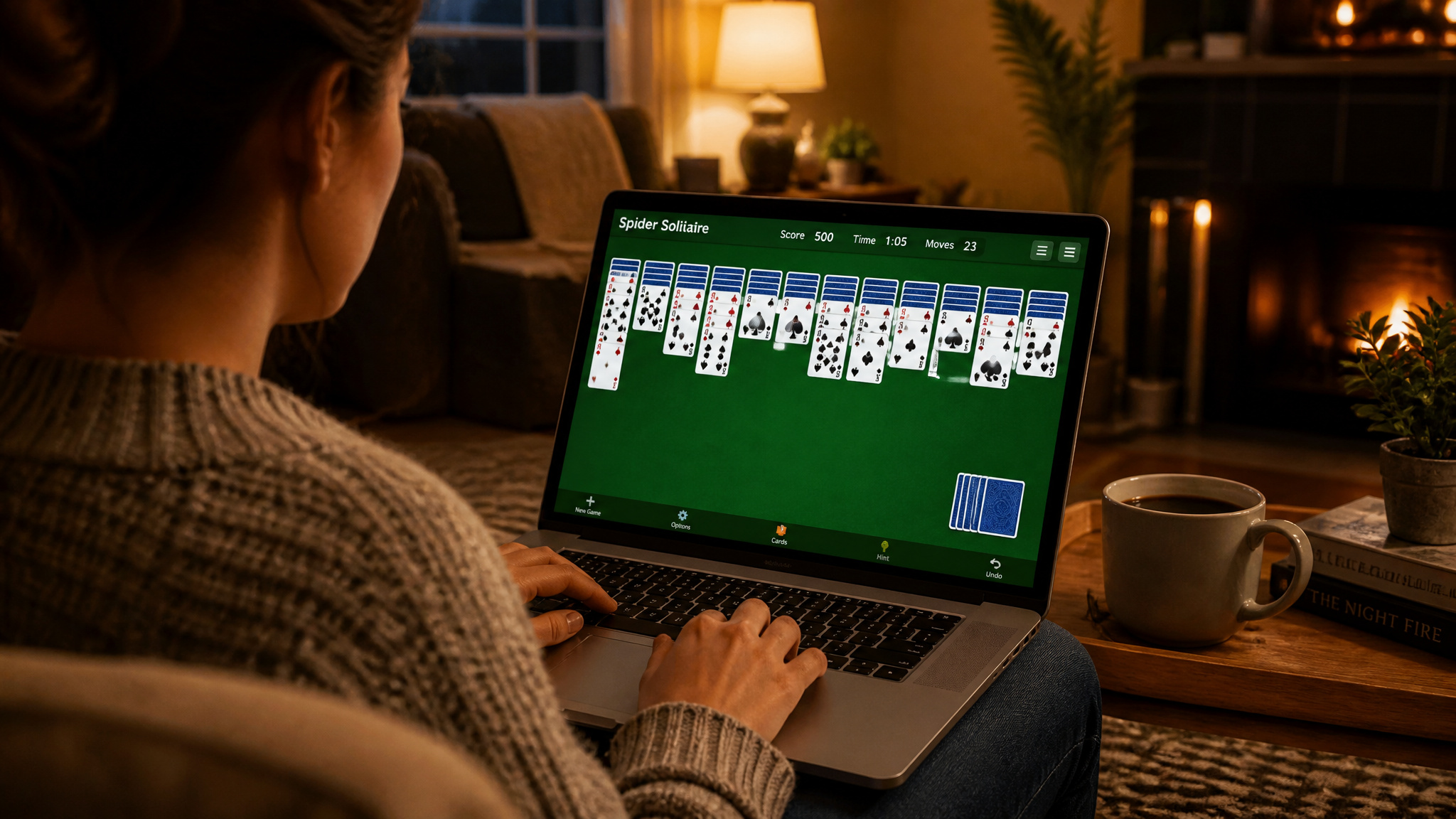 Spider Solitaire Guide: Master the 1, 2, and 4 Suit Variants with Exact Scoring and Strategy 4 Person playing Spider Solitaire online on a laptop in a cozy living room with coffee nearby.