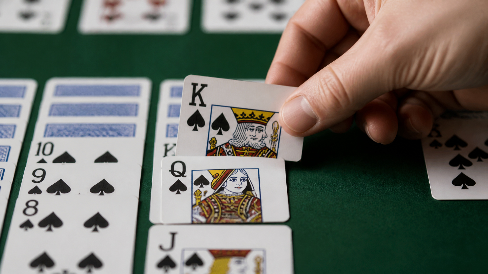 Spider Solitaire Guide: Master the 1, 2, and 4 Suit Variants with Exact Scoring and Strategy 2 Hand moving a single card onto a higher card in a Spider Solitaire tableau.