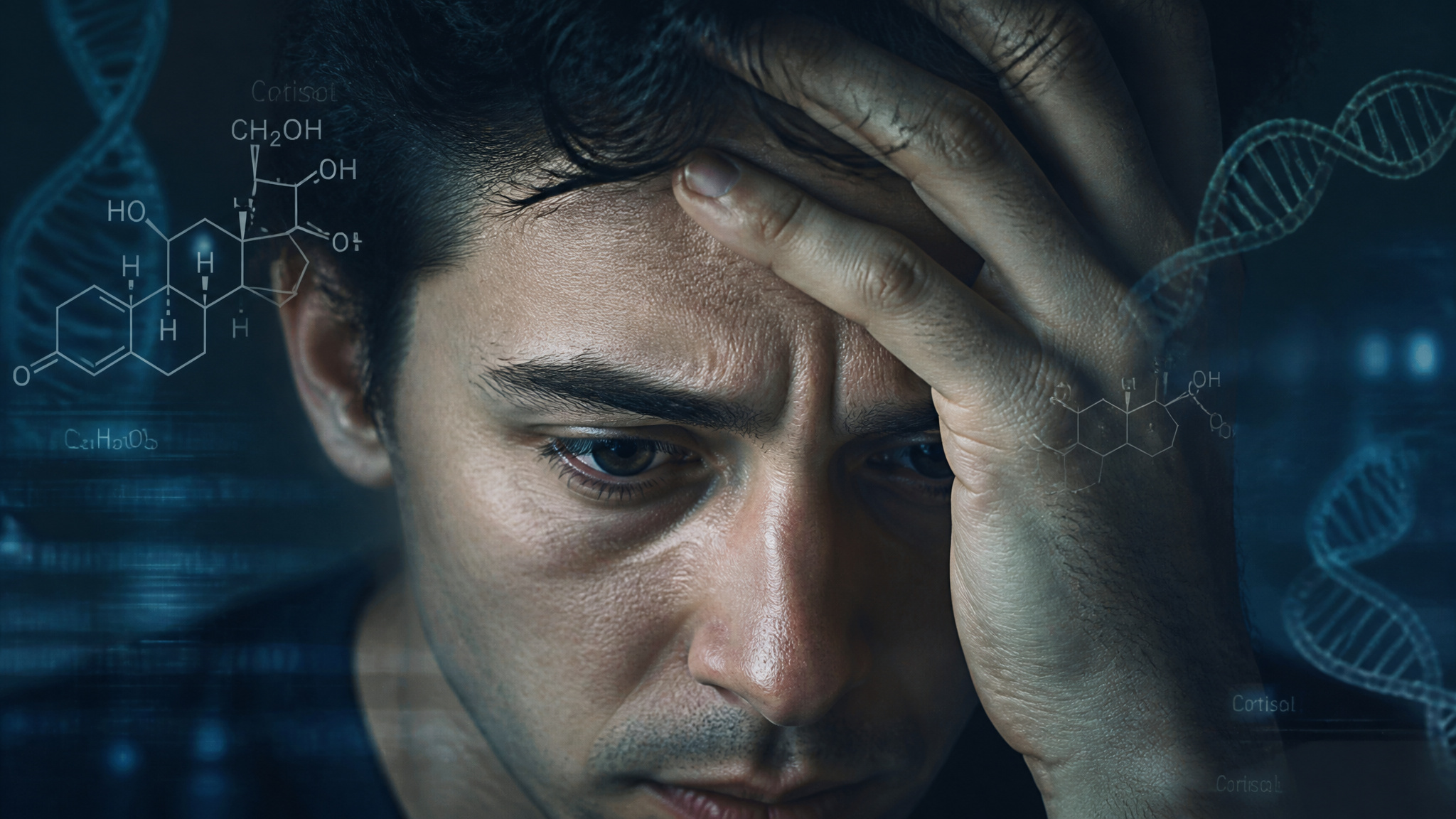 Close-up of a stressed face with cortisol and DNA graphics illustrating biological aging from chronic stress.