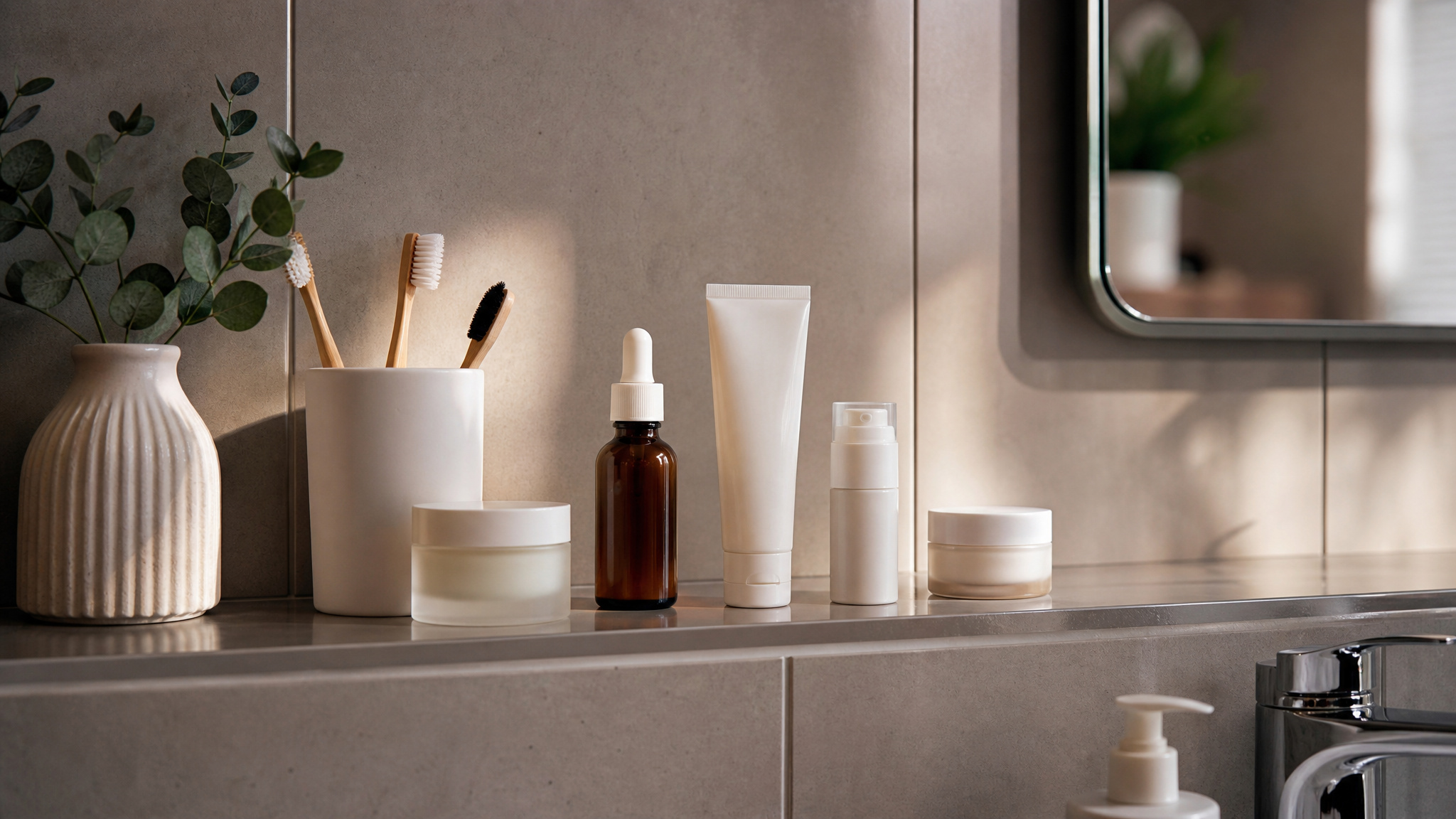 Teenager's skincare shelf with serums and sunscreen reflecting tweakment culture
