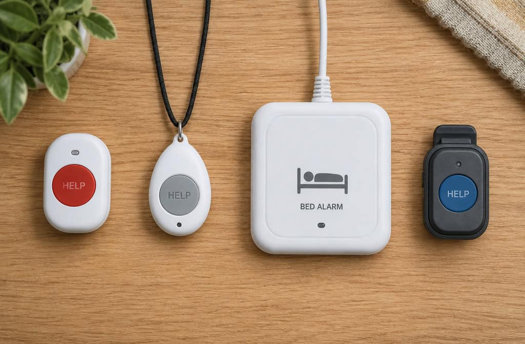 Four unmonitored medical alert systems including Silent Beacon, LogicMark, SkyAngel 911 FD, and FastHelp arranged for trade-off comparison.
