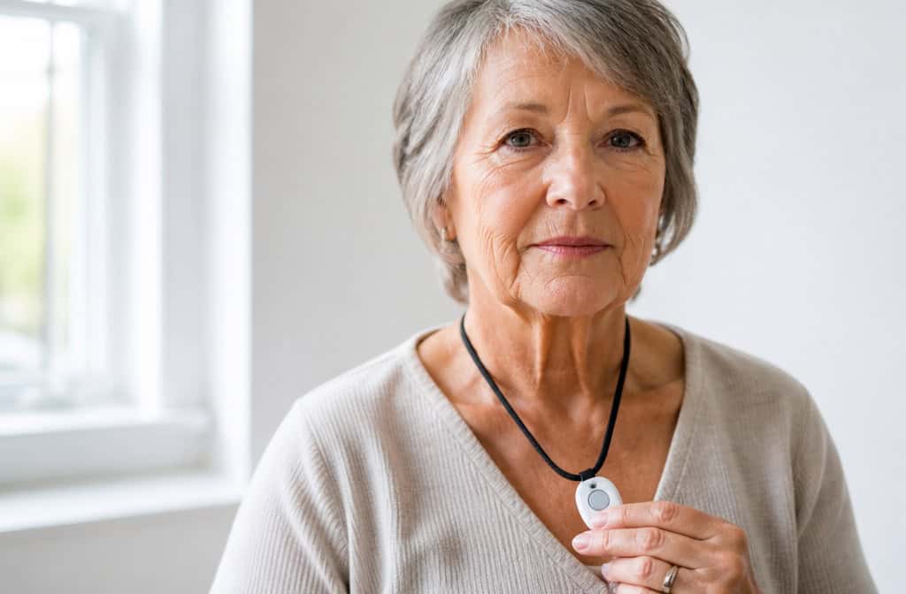 Senior woman wearing a medical alert necklace, looking confidently at the camera in a well-lit room.