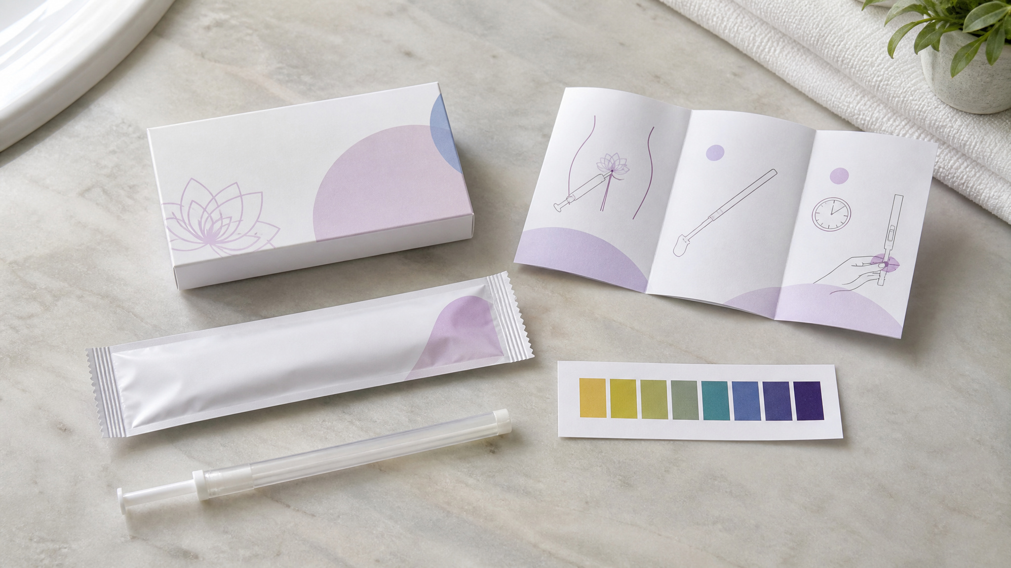 Flat lay of a vaginal pH test kit with applicator and color chart on a bathroom counter.