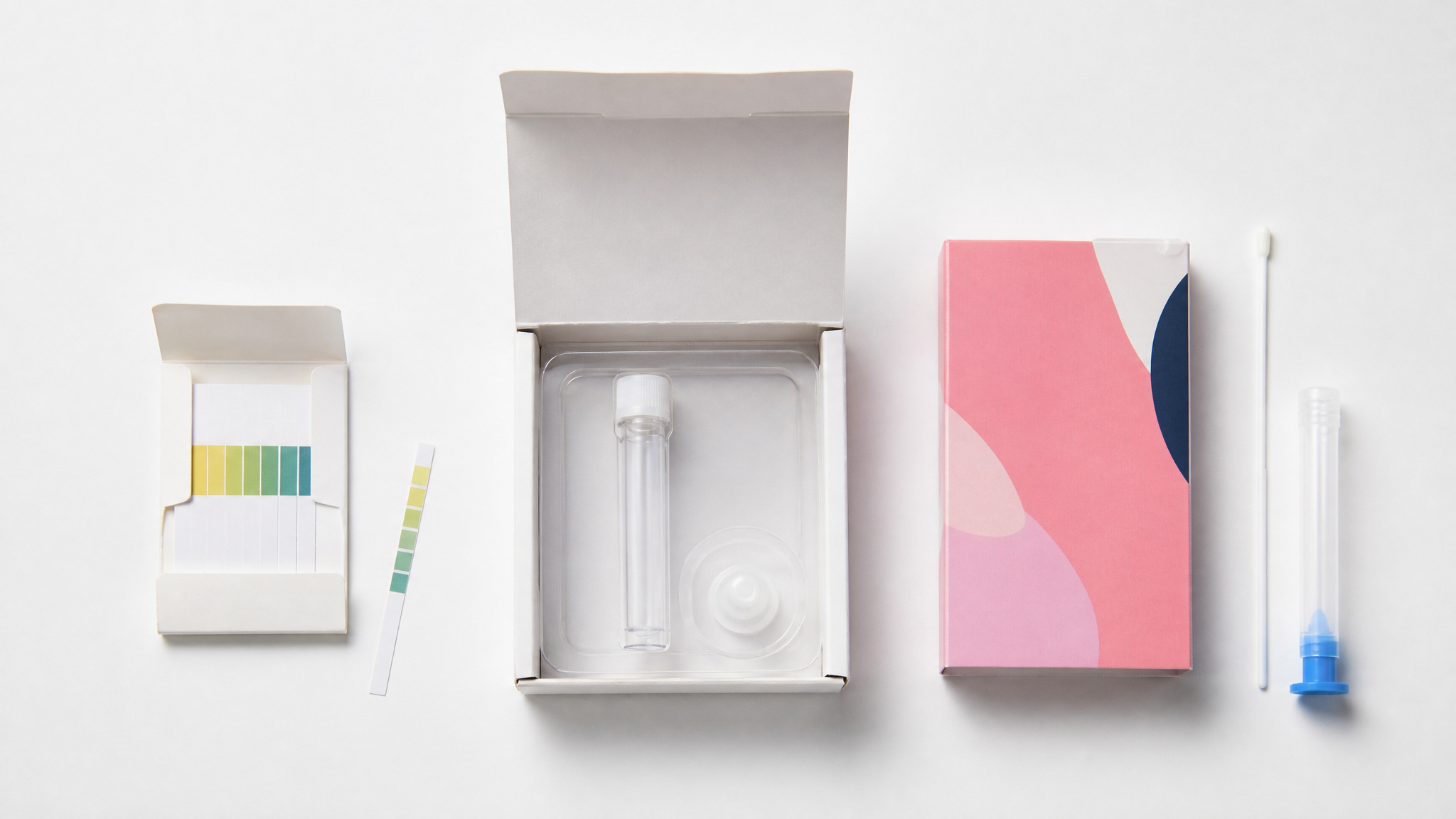 Three types of vaginal home tests: pH strip, mail-in kit, and microbiome test, side by side.
