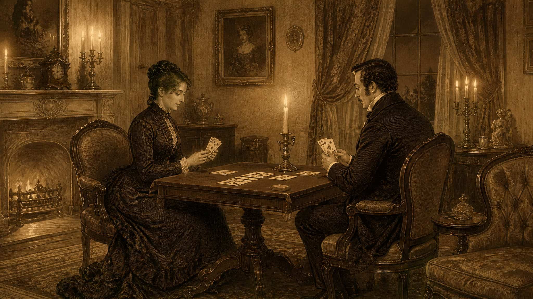 A man and woman playing cards in a vintage, Victorian-style parlor with ornate furniture and warm candlelight ambiance.